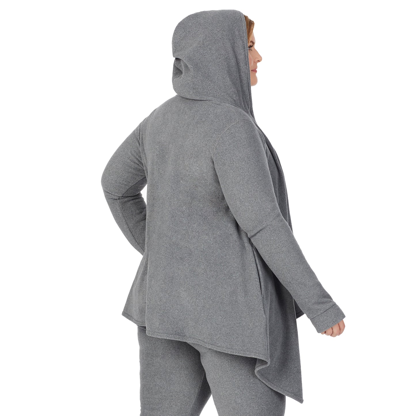 Charcoal Heather; Model is wearing size 1X. She is 5'9", Bust 38", Waist 36", Hips 48.5"@Upper body of a lady wearing long sleeve grey hooded wrap