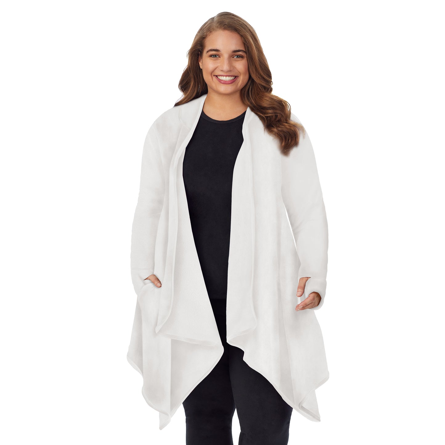 Off White; Model is wearing size 1X. She is 5'7", Bust 42.5", Waist 34.5", Hips 46".@Upper body of a lady wearing long sleeve white hooded wrap
