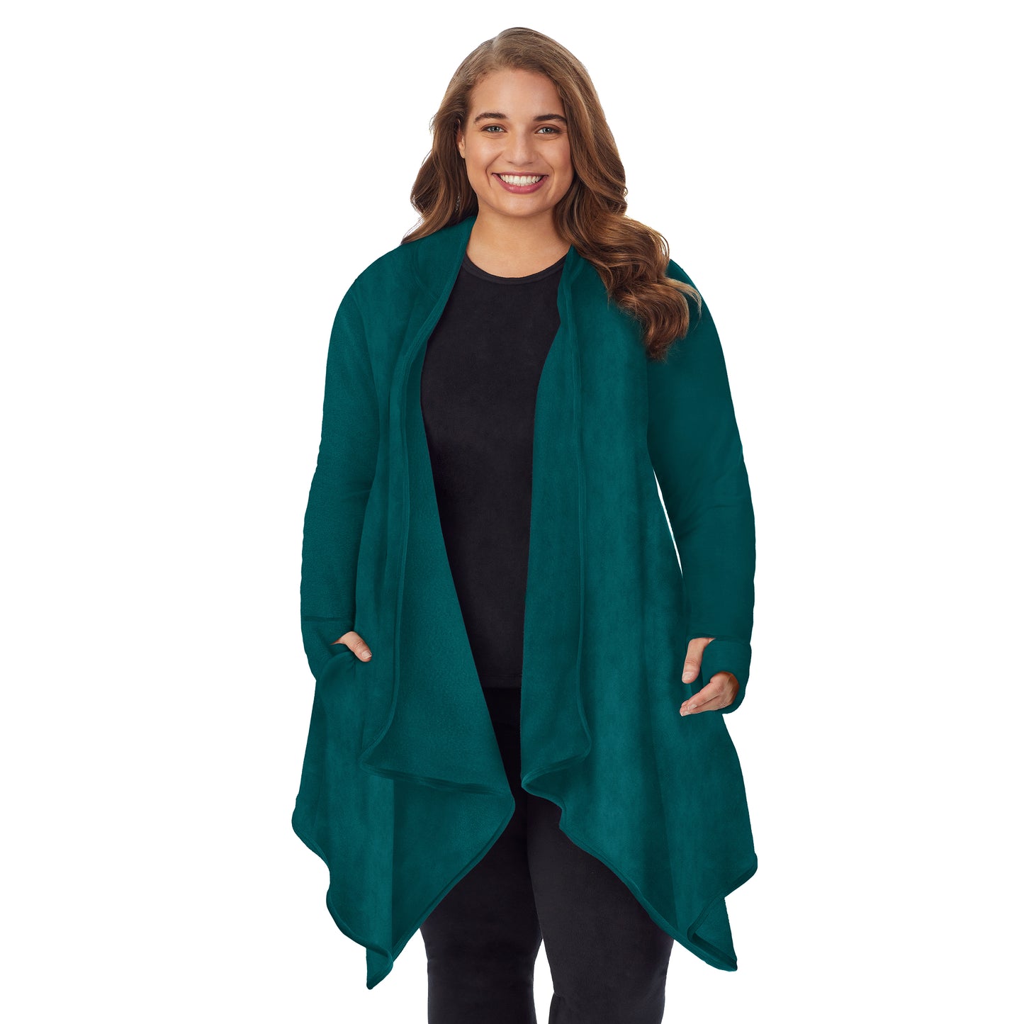 Viridian Green; Model is wearing size 1X. She is 5'7", Bust 42.5", Waist 34.5", Hips 46".@Upper body of a lady wearing long sleeve green hooded wrap