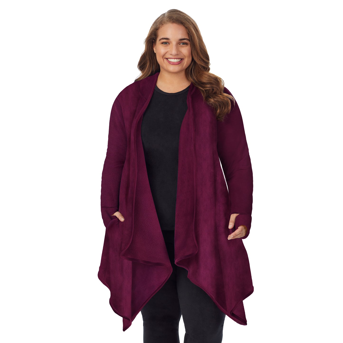 Grape; Model is wearing size 1X. She is 5'7", Bust 42.5", Waist 34.5", Hips 46".@Upper body of a lady wearing long sleeve grape hooded wrap