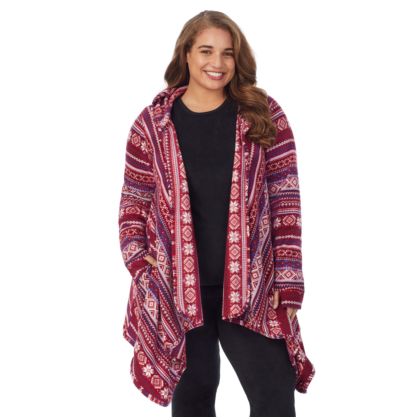 Rhubarb Multi Fairisle; Model is wearing size 1X. She is 5'7", Bust 42.5", Waist 34.5", Hips 46".@Upper body of a lady wearing long sleeve red multi fairisle hooded wrap
