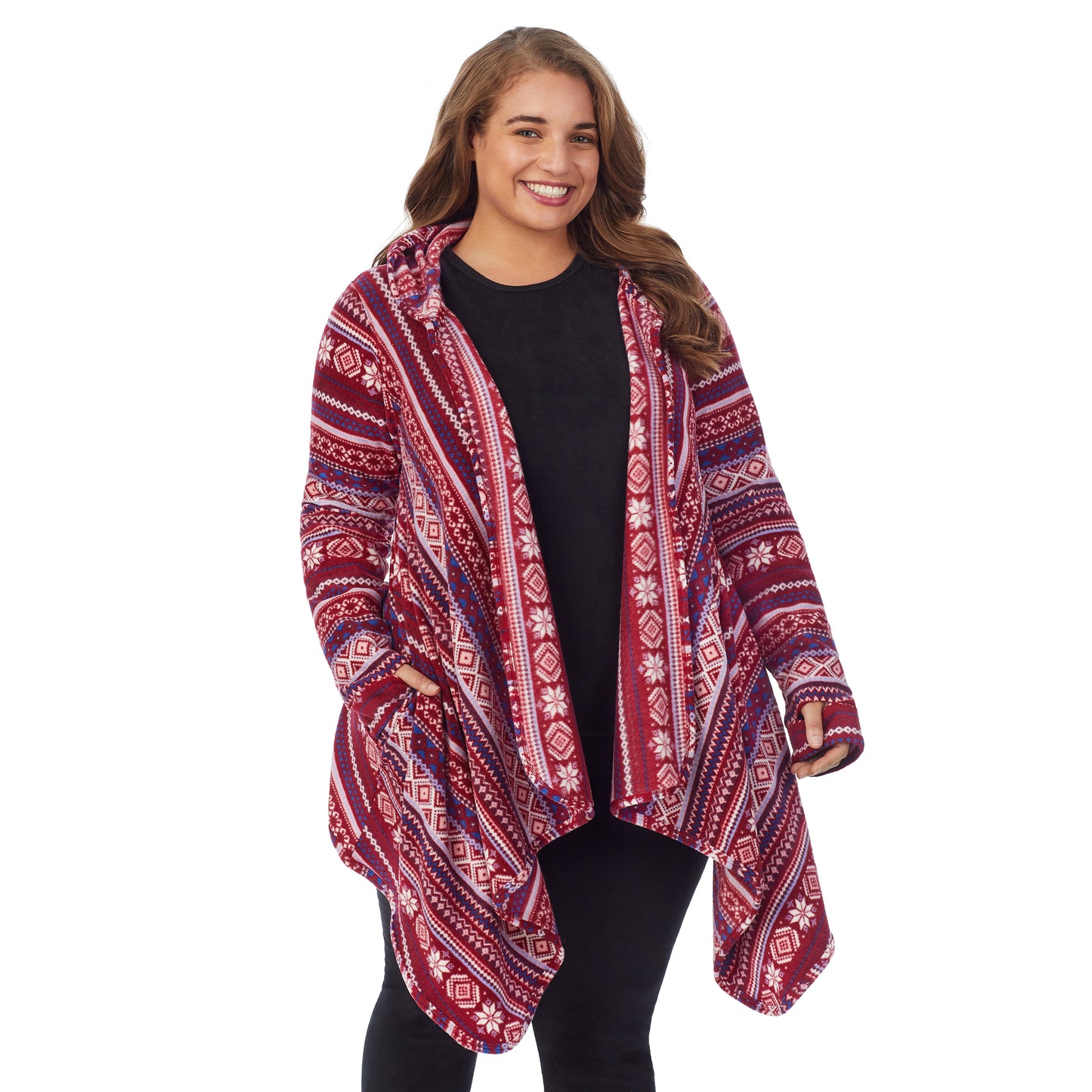 Rhubarb Multi Fairisle; Model is wearing size 1X. She is 5'7", Bust 42.5", Waist 34.5", Hips 46".@Upper body of a lady wearing long sleeve red multi fairisle hooded wrap