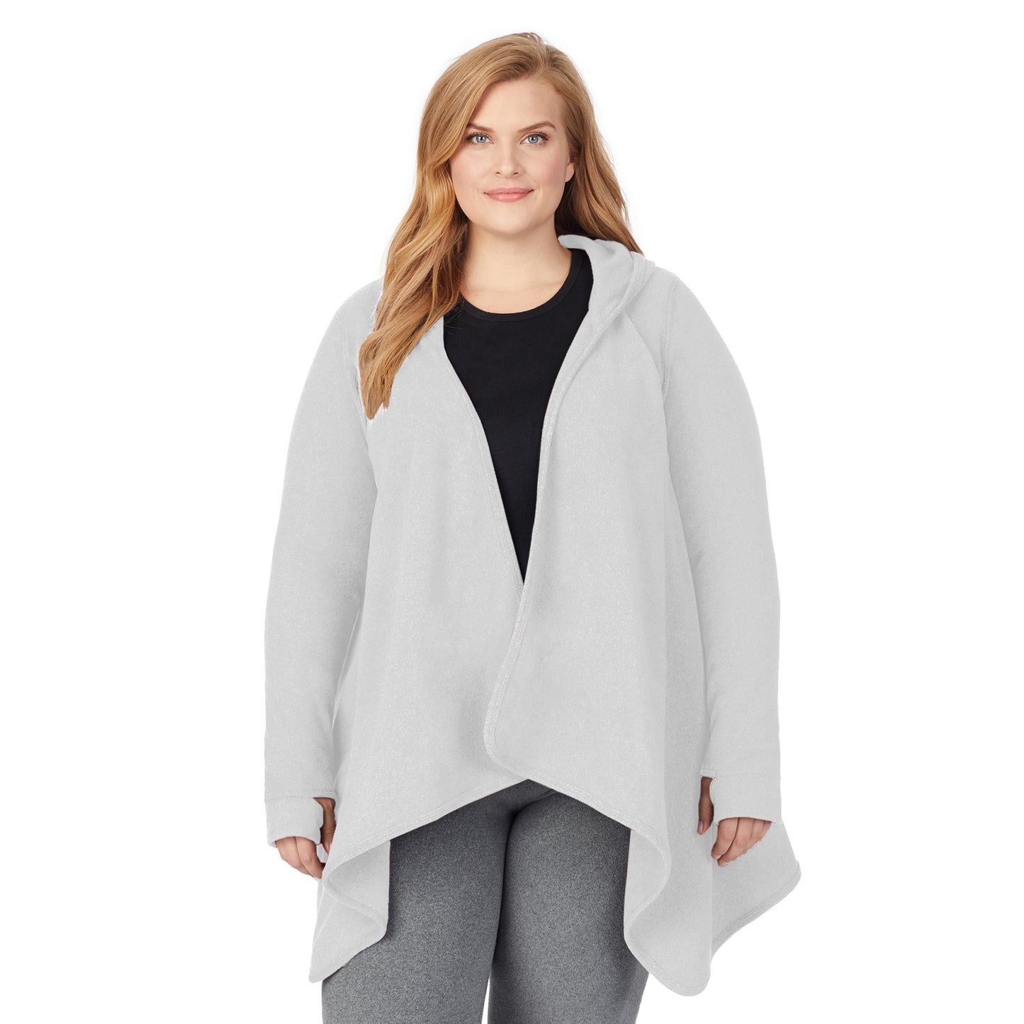 Light Grey Heather; Model is wearing size 1X. She is 5'9", Bust 38", Waist 36", Hips 48.5"@Upper body of a lady wearing long sleeve light grey hooded wrap