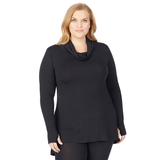 A lady wearing a black long sleeve stretch cowl tunic plus.