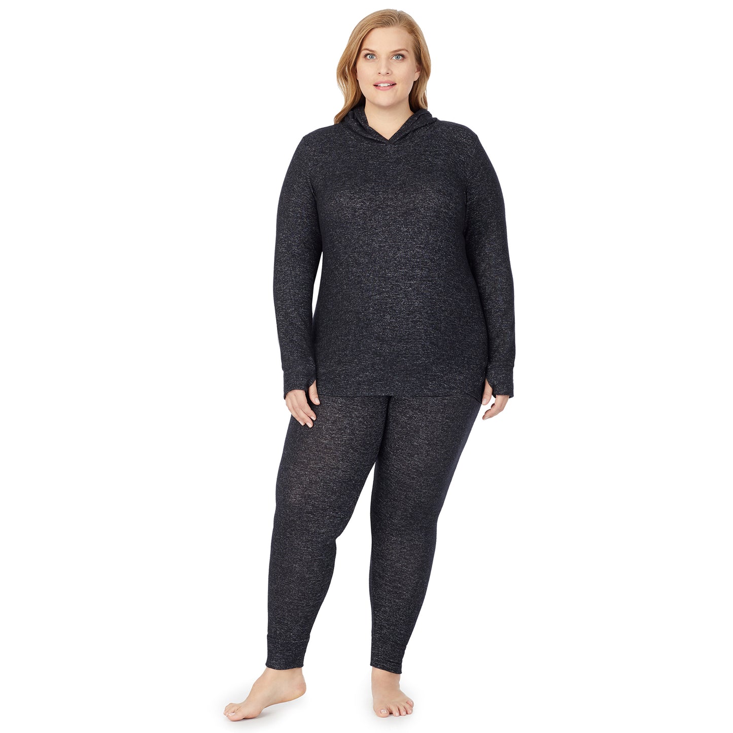 Marled Dark Charcoal; Model is wearing size 1X. She is 5'9", Bust 38", Waist 36", Hips 48.5". @A lady wearing a marled dark charcoal long sleeve tunic hoodie plus.