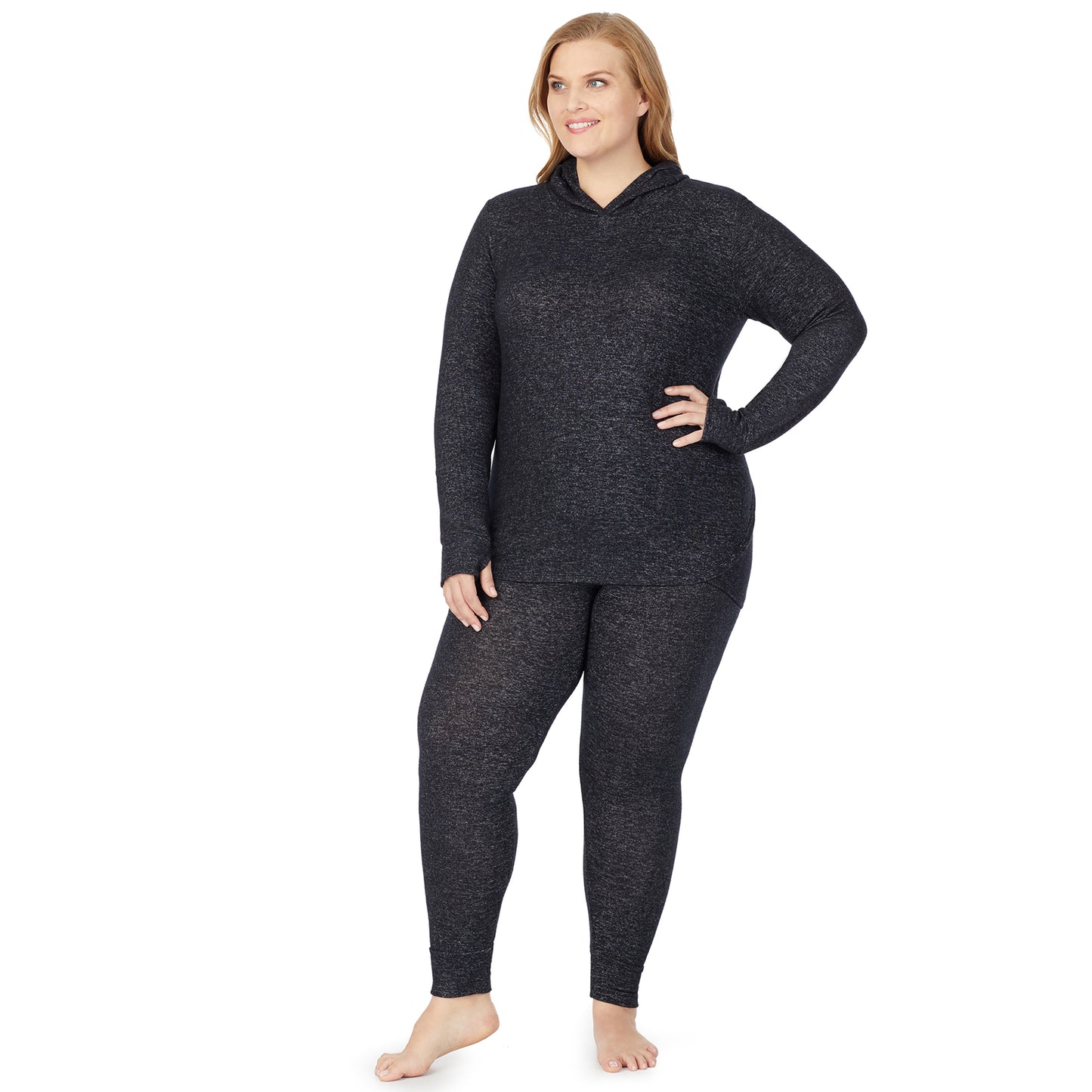 Marled Dark Charcoal; Model is wearing size 1X. She is 5'9", Bust 38", Waist 36", Hips 48.5". @A lady wearing a marled dark charcoal long sleeve tunic hoodie plus.