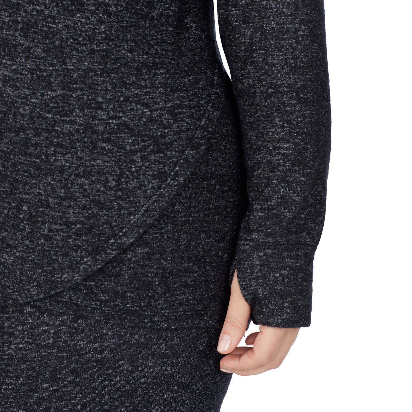 Marled Dark Charcoal; Model is wearing size 1X. She is 5'9", Bust 38", Waist 36", Hips 48.5". @A lady wearing a marled dark charcoal long sleeve tunic hoodie plus.