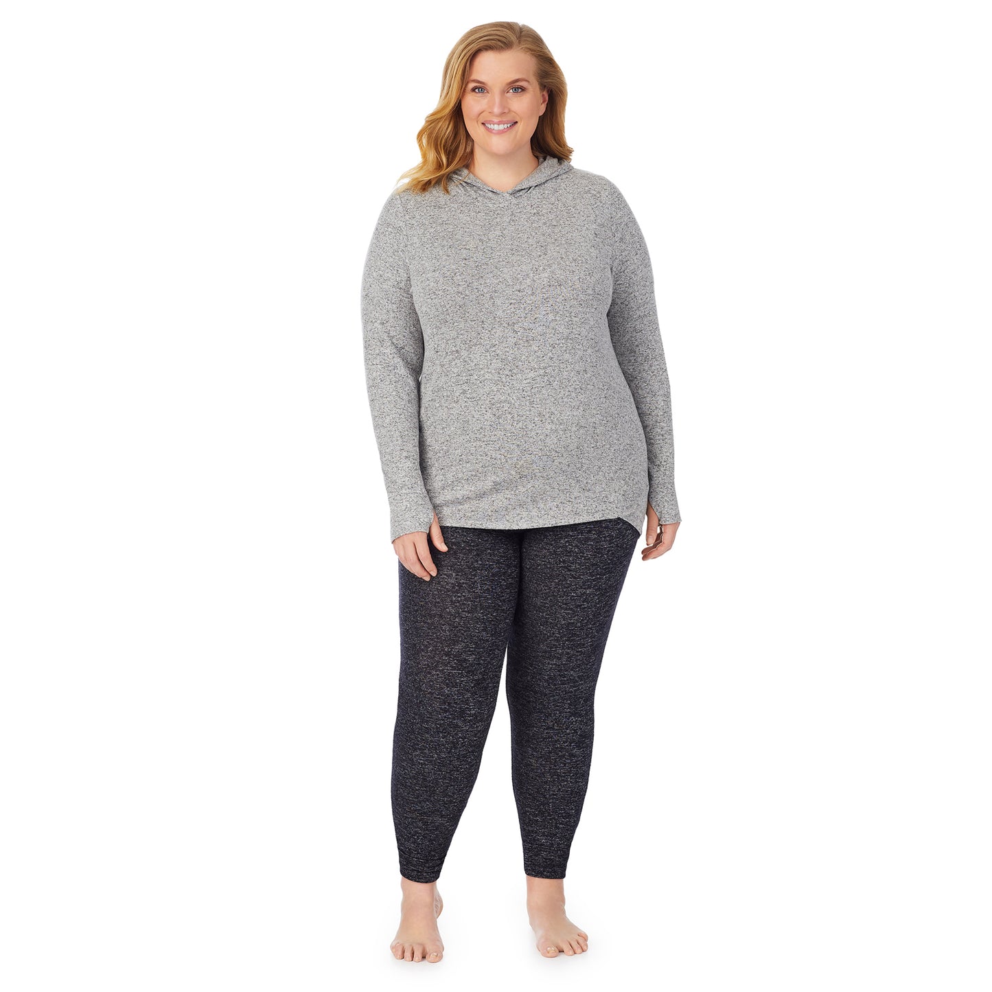 Marled Grey; Model is wearing size 1X. She is 5'9", Bust 38", Waist 36", Hips 48.5". @A lady wearing a marled grey long sleeve tunic hoodie plus.