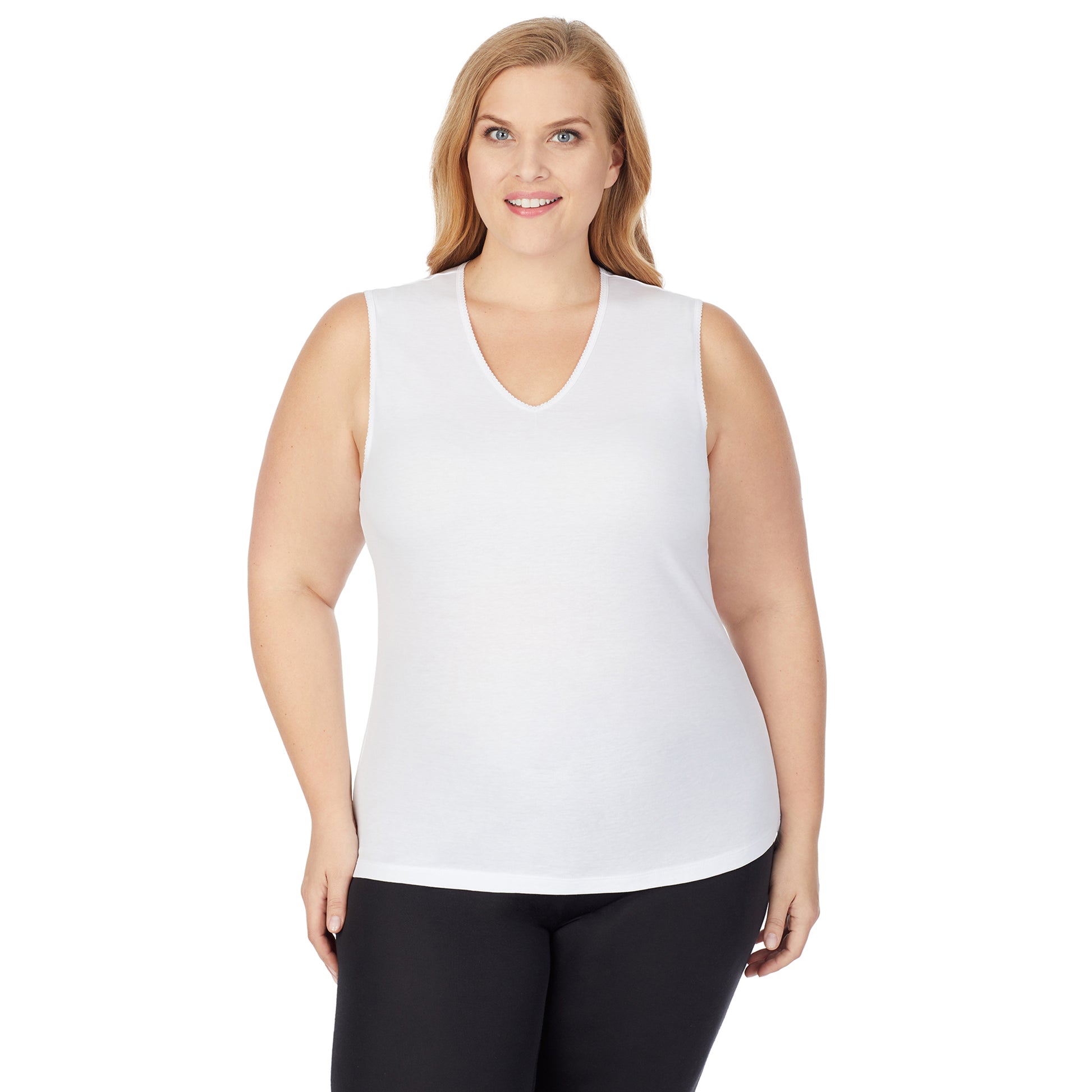 A lady wearing a white sleeveless lace edge V-Neck tank plus.