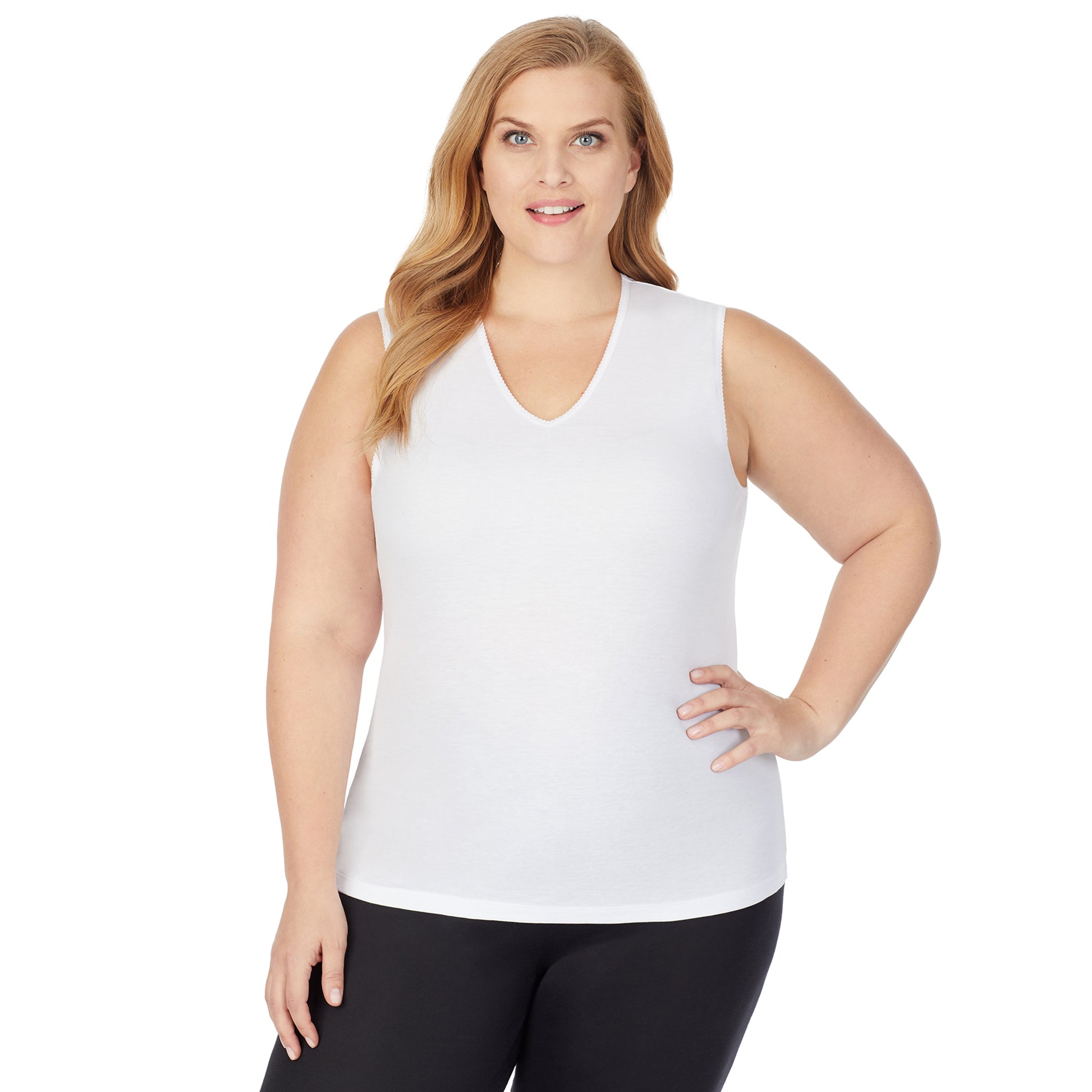 A lady wearing a white sleeveless lace edge V-Neck tank plus.