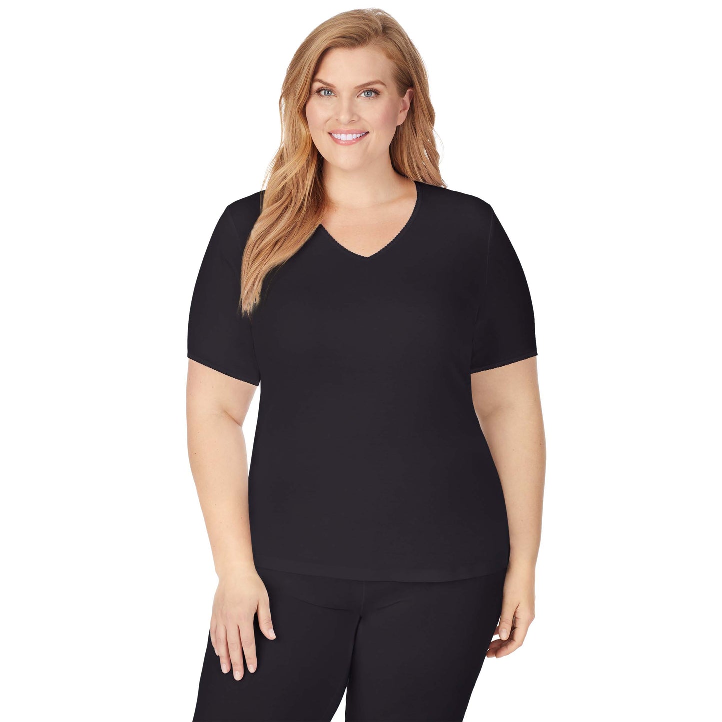 Black; Model is wearing size 1X. She is 5'9", Bust 38", Waist 36", Hips 48.5". @A lady wearing a black lace edge short sleeve V-Neck plus.