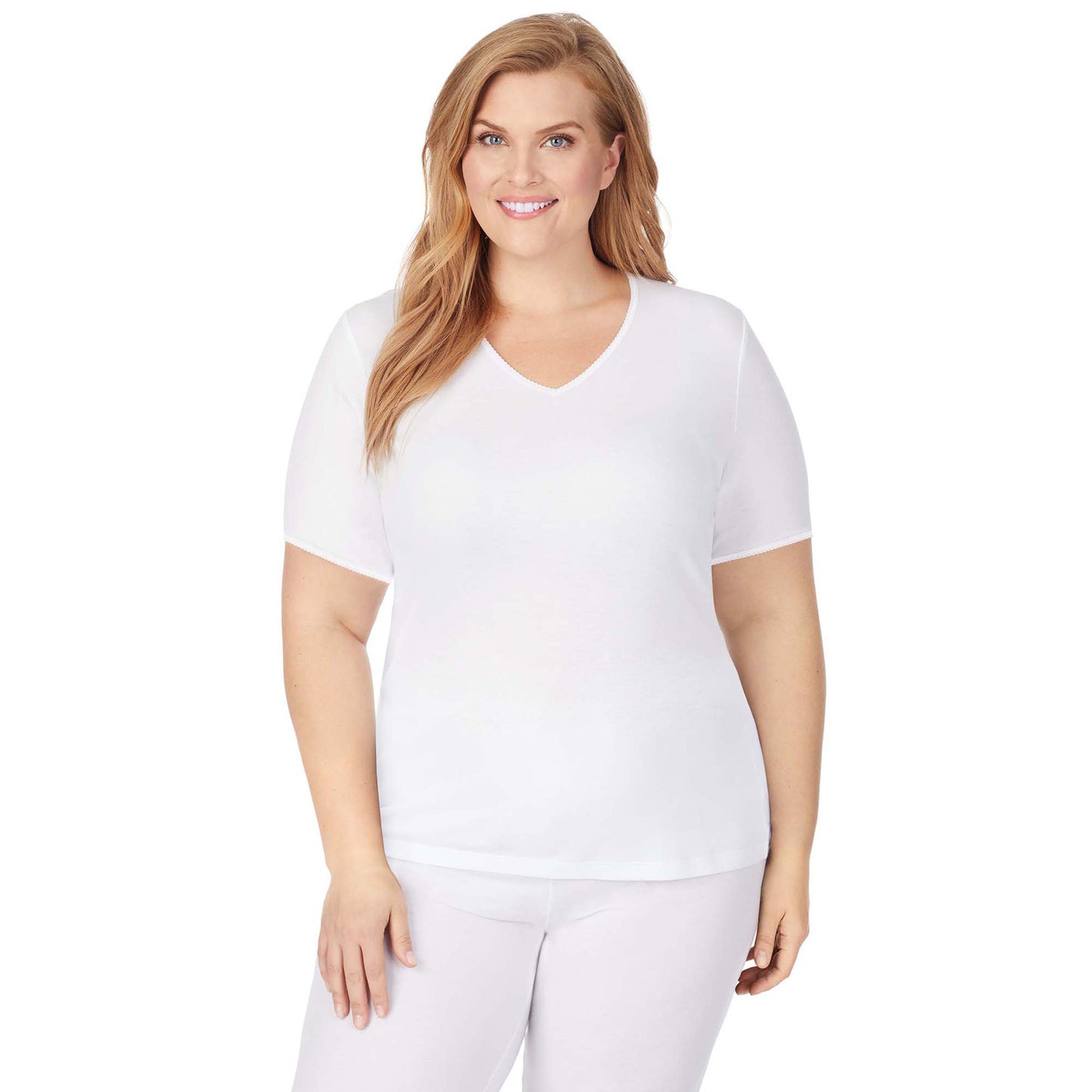 White; Model is wearing size 1X. She is 5'9", Bust 38", Waist 36", Hips 48.5". @A lady wearing a white lace edge short sleeve V-Neck plus.