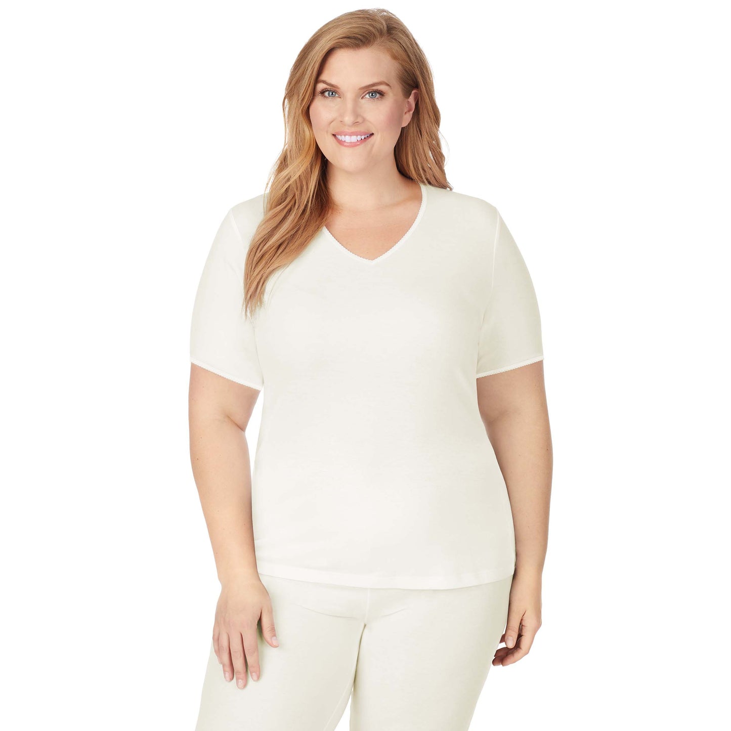 Ivory; Model is wearing size 1X. She is 5'9", Bust 38", Waist 36", Hips 48.5". @A lady wearing a ivory lace edge short sleeve V-Neck plus.