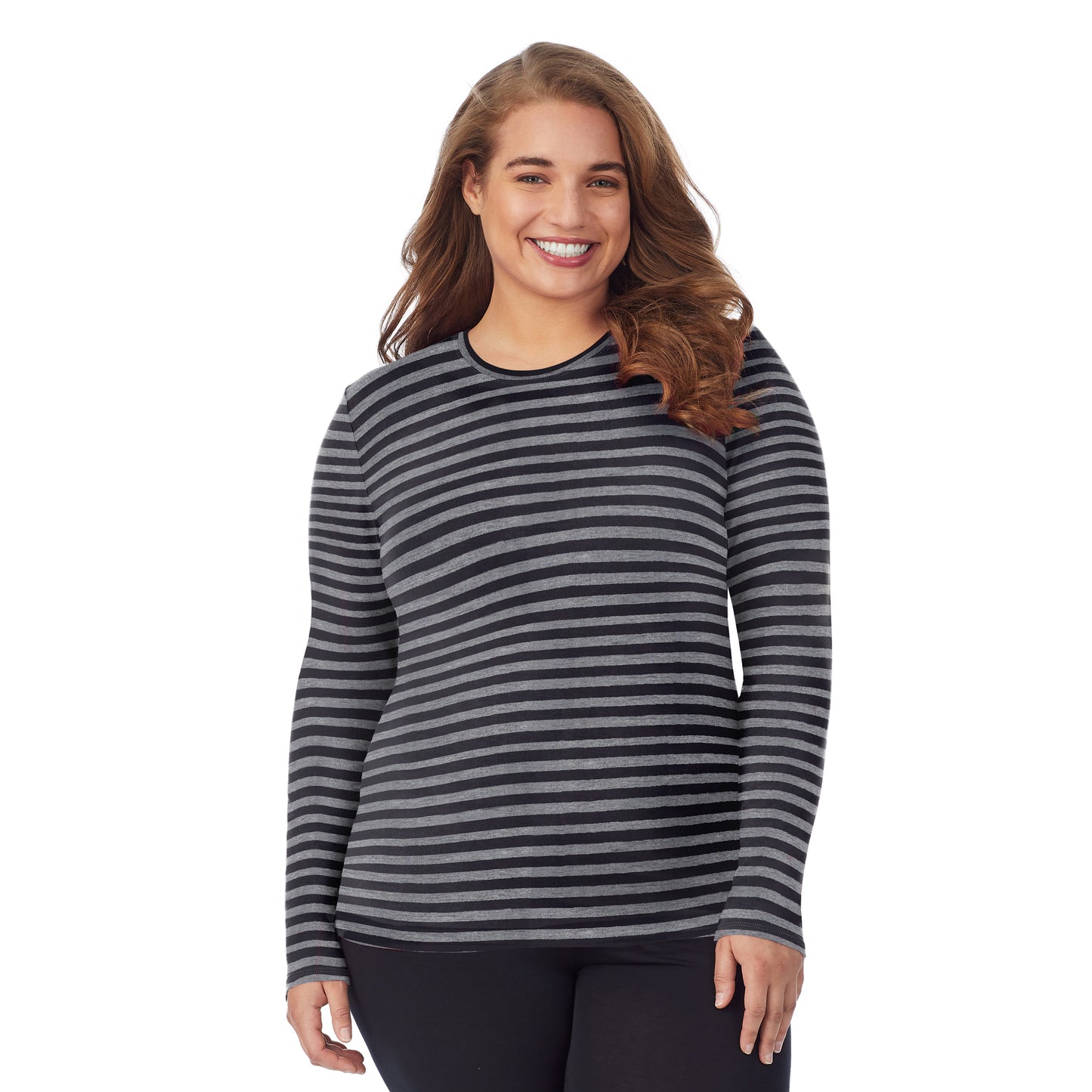 Tonal Stripe; Model is wearing size 1X. She is 5'7", Bust 42.5", Waist 34.5", Hips 46". @A lady wearing a tonal buffalo long sleeve stretch crew plus.