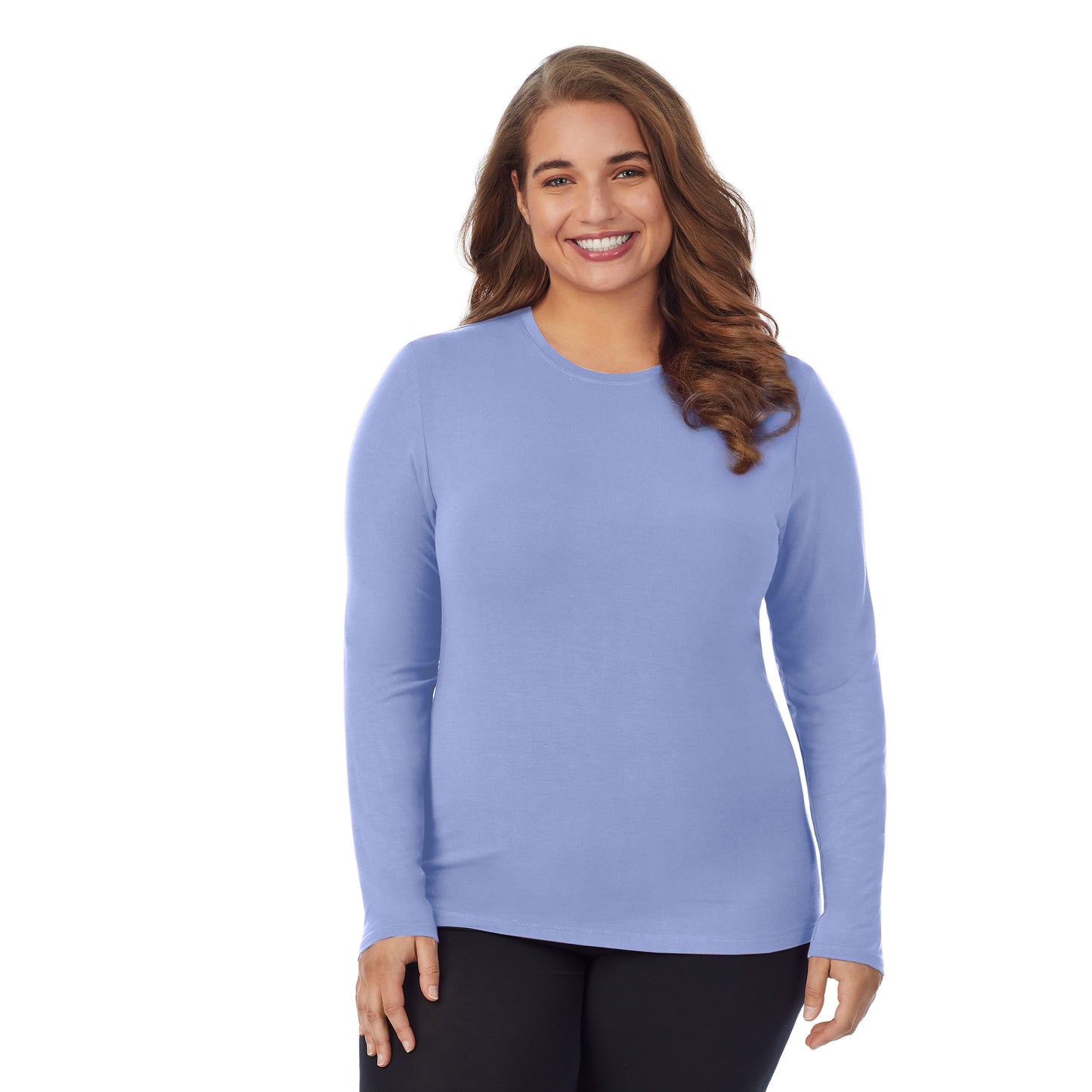 Peri Blue; Model is wearing size 1X. She is 5'7", Bust 42.5", Waist 34.5", Hips 46". @A lady wearing a peri blue long sleeve stretch crew plus.