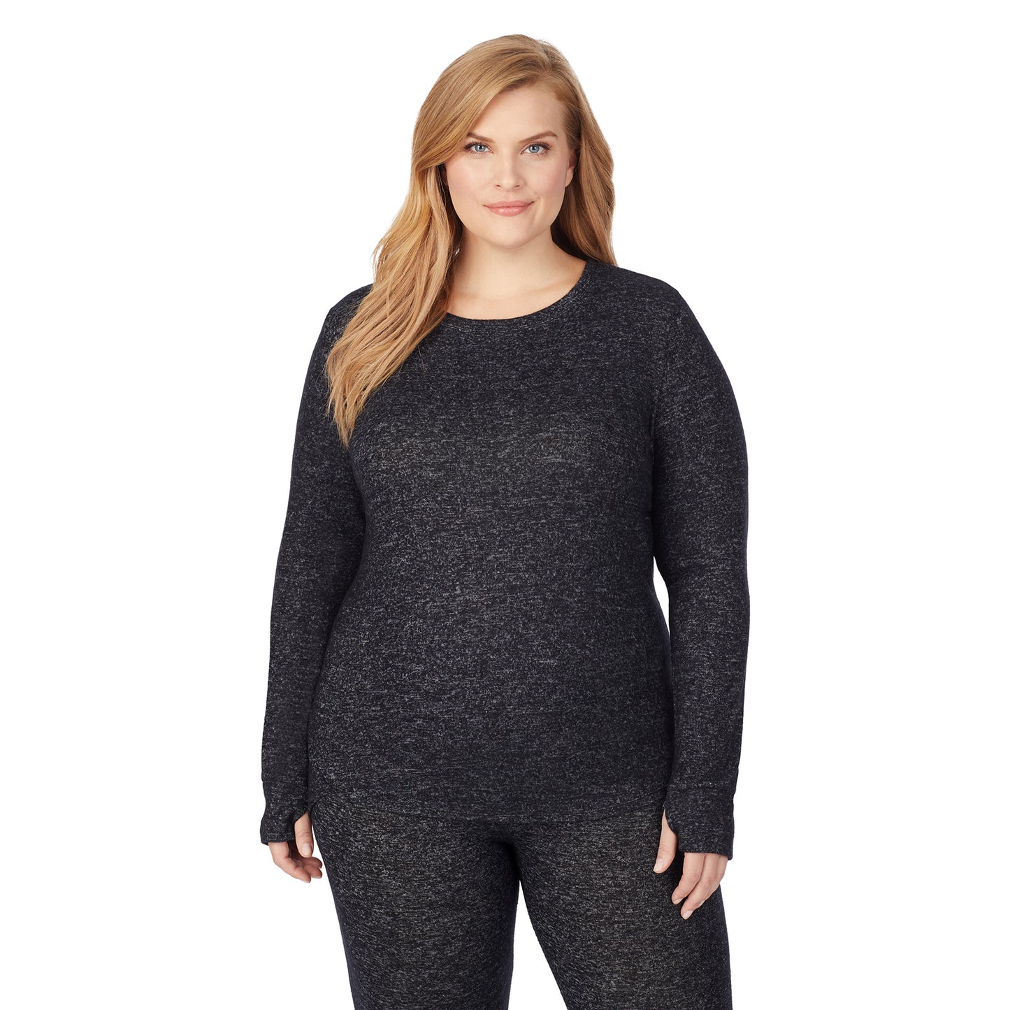 Marled Dark Charcoal; Model is wearing size 1X. She is 5'9", Bust 38", Waist 36", Hips 48.5". @A lady wearing a marled dark charcoal long sleeve crew plus.