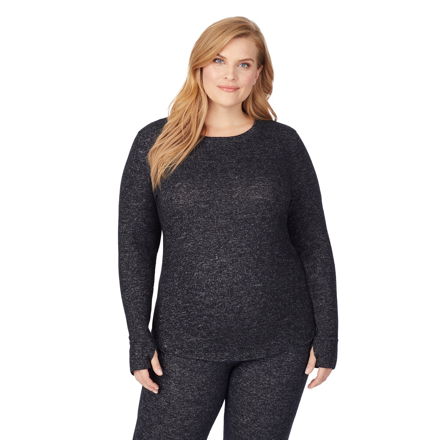 Marled Dark Charcoal; Model is wearing size 1X. She is 5'9", Bust 38", Waist 36", Hips 48.5". @A lady wearing a marled dark charcoal long sleeve crew plus.