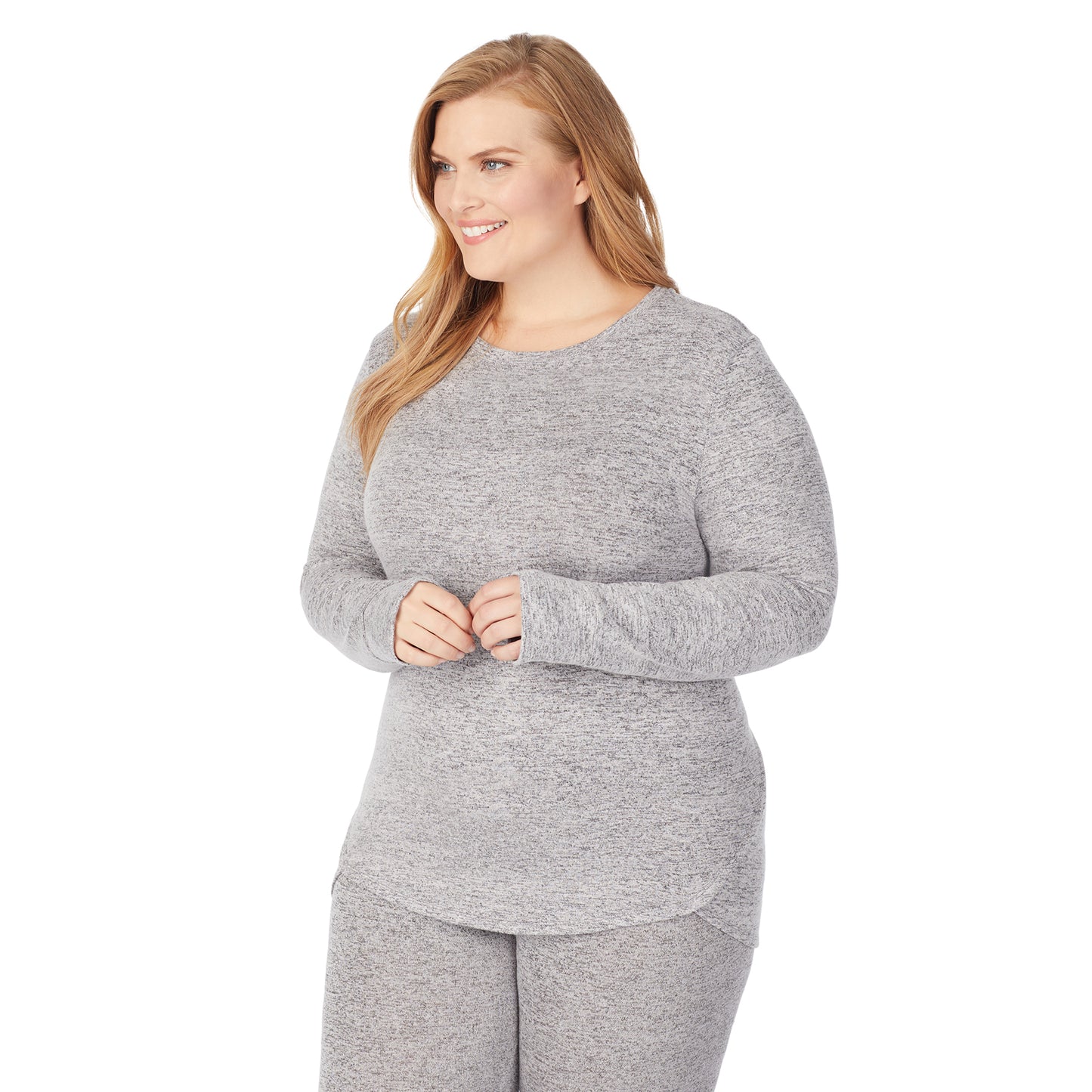 Marled Grey; Model is wearing size 1X. She is 5'9", Bust 38", Waist 36", Hips 48.5". @A lady wearing a marled grey long sleeve crew plus.