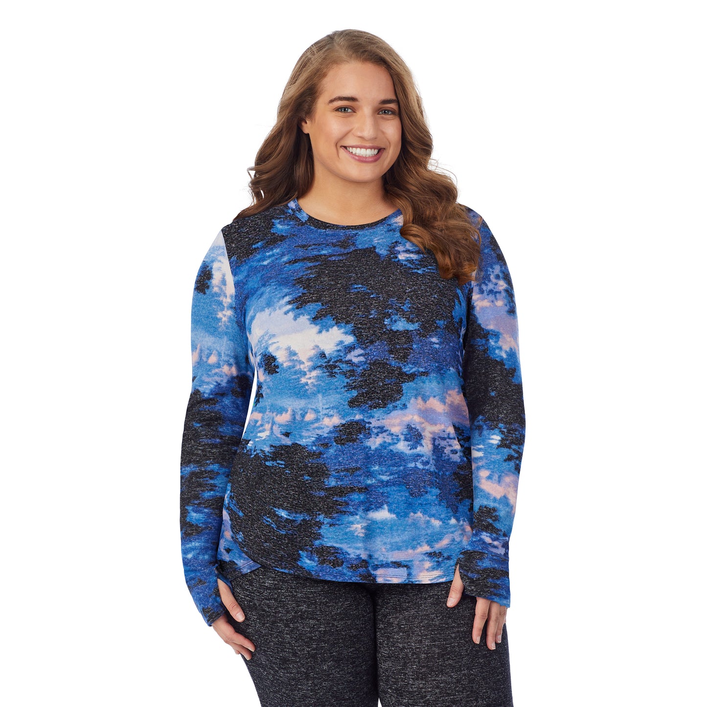Misty Blue Forest; Model is wearing size 1X. She is 5'7", Bust 42.5", Waist 34.5", Hips 46". @A lady wearing a misty blue forest long sleeve crew plus.