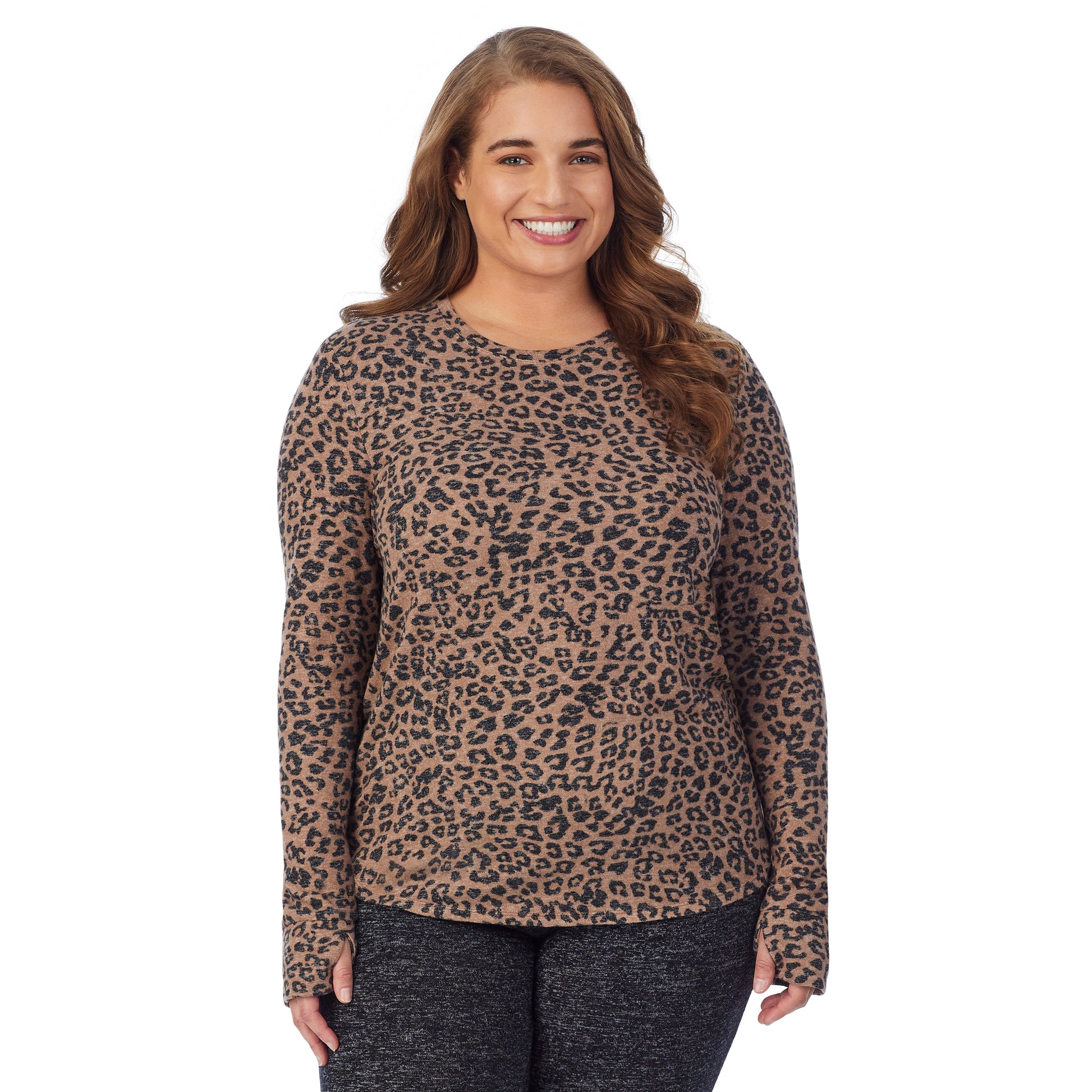 A lady wearing a taupe animal long sleeve crew plus.