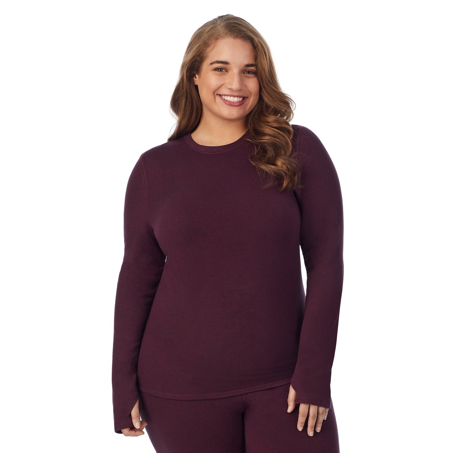 Grape Heather; Model is wearing size 1X. She is 5'7", Bust 42.5", Waist 34.5", Hips 46" @A lady wearing grape heather long sleeve crew plus.