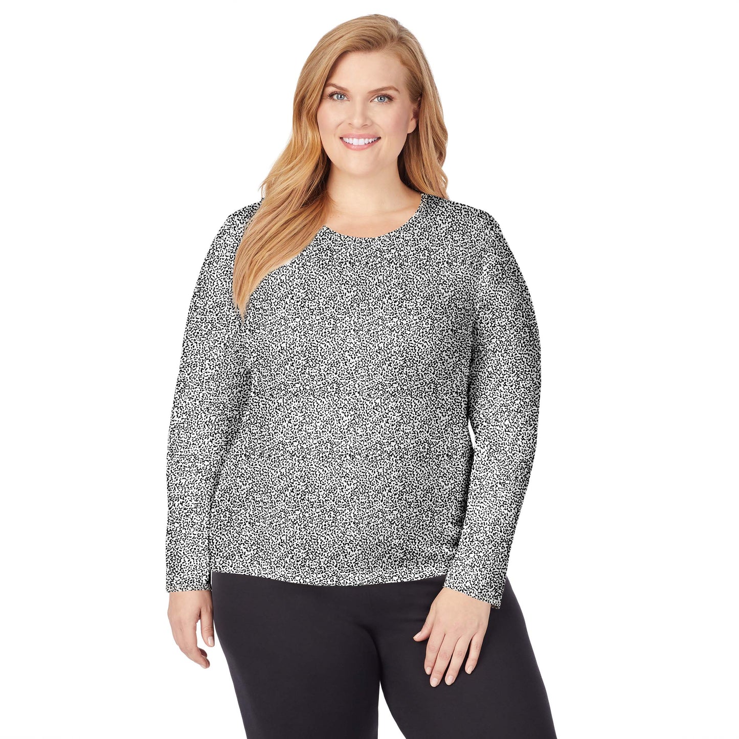 Cheetah; Model is wearing size 1X. She is 5'9", Bust 38", Waist 36", Hips 48.5". @A lady wearing a cheetah long sleeve crew plus.