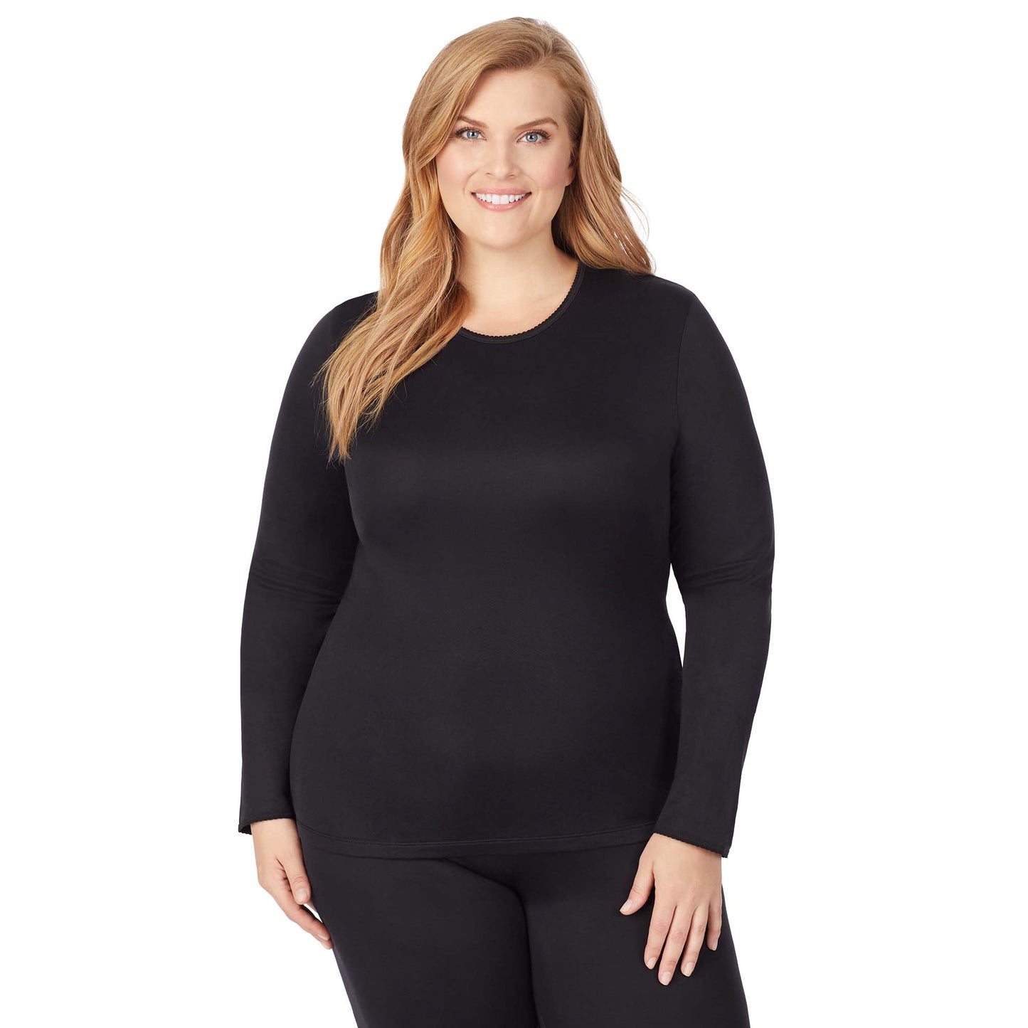 Black; Model is wearing size 1X. She is 5'9", Bust 38", Waist 36", Hips 48.5". @A lady wearing a black long sleeve crew plus.