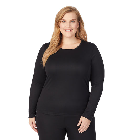 Black; Model is wearing size 1X. She is 5'9", Bust 38", Waist 36", Hips 48.5".@upper body of A lady wearing black long sleeve crew top