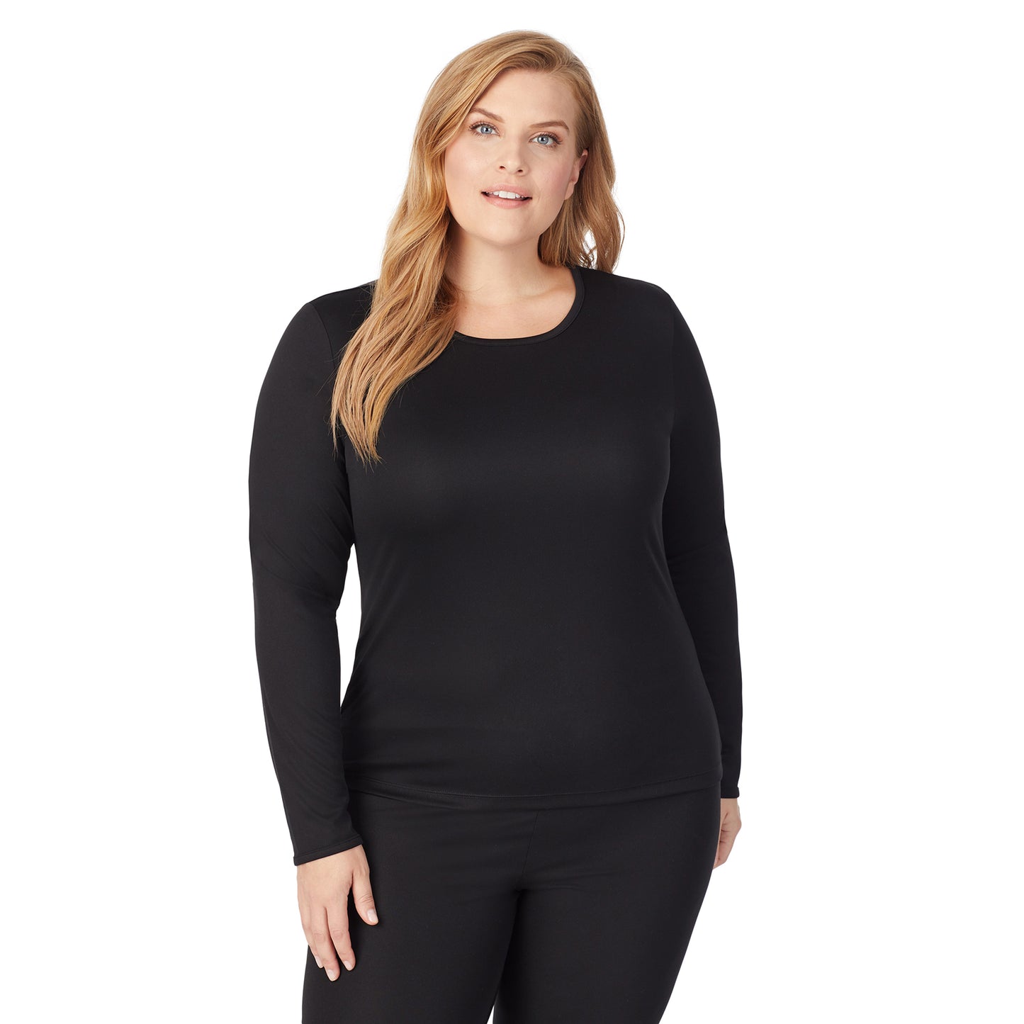 Black; Model is wearing size 1X. She is 5'9", Bust 38", Waist 36", Hips 48.5".@upper body of A lady wearing black long sleeve crew top