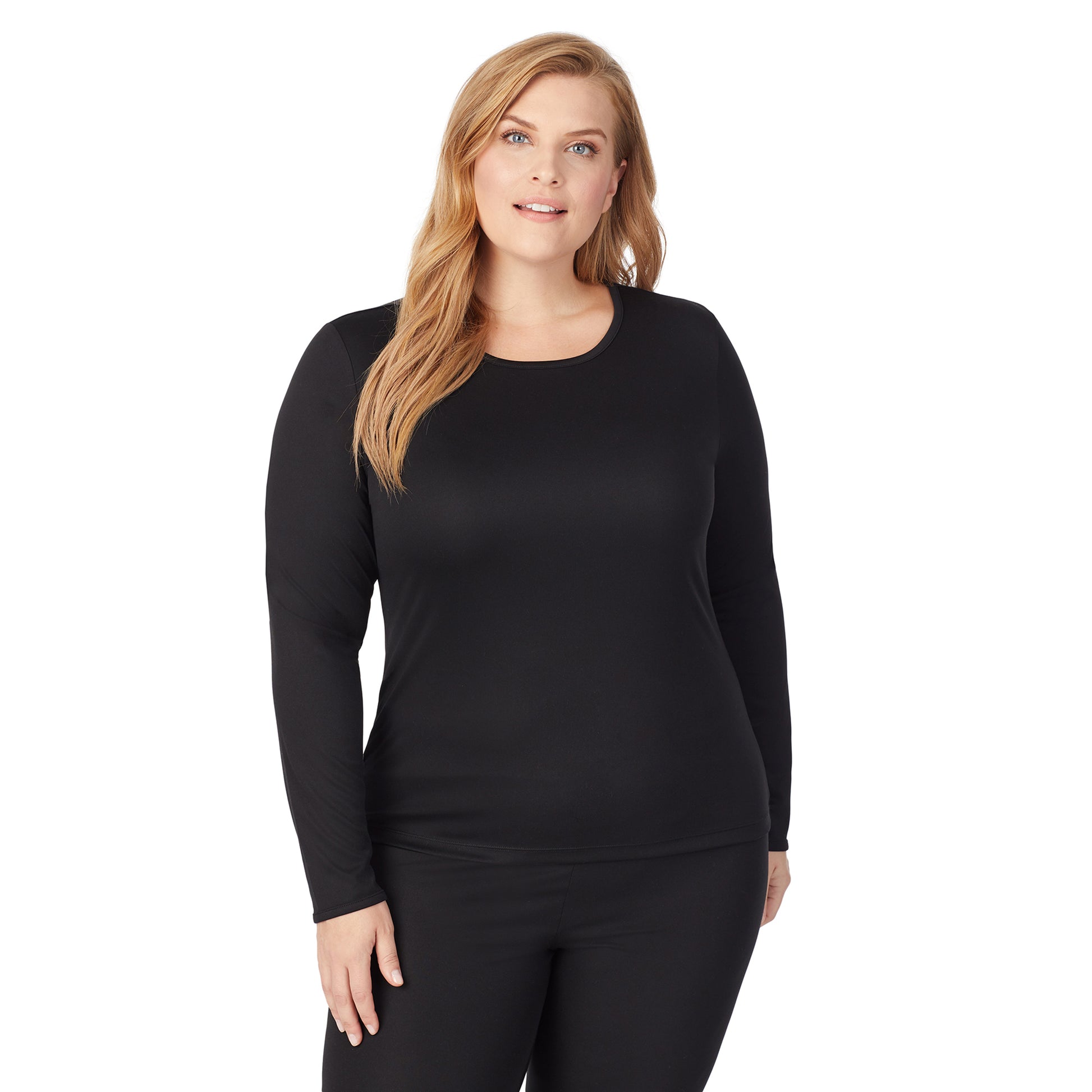 upper body of A lady wearing black long sleeve crew top