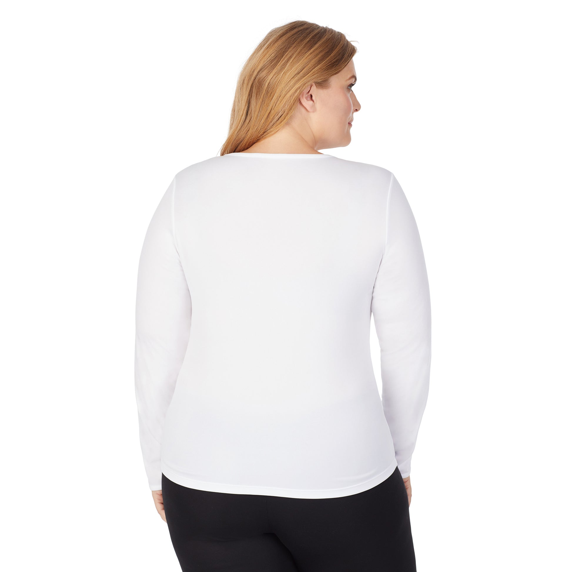 upper body of A lady wearing white long sleeve crew top