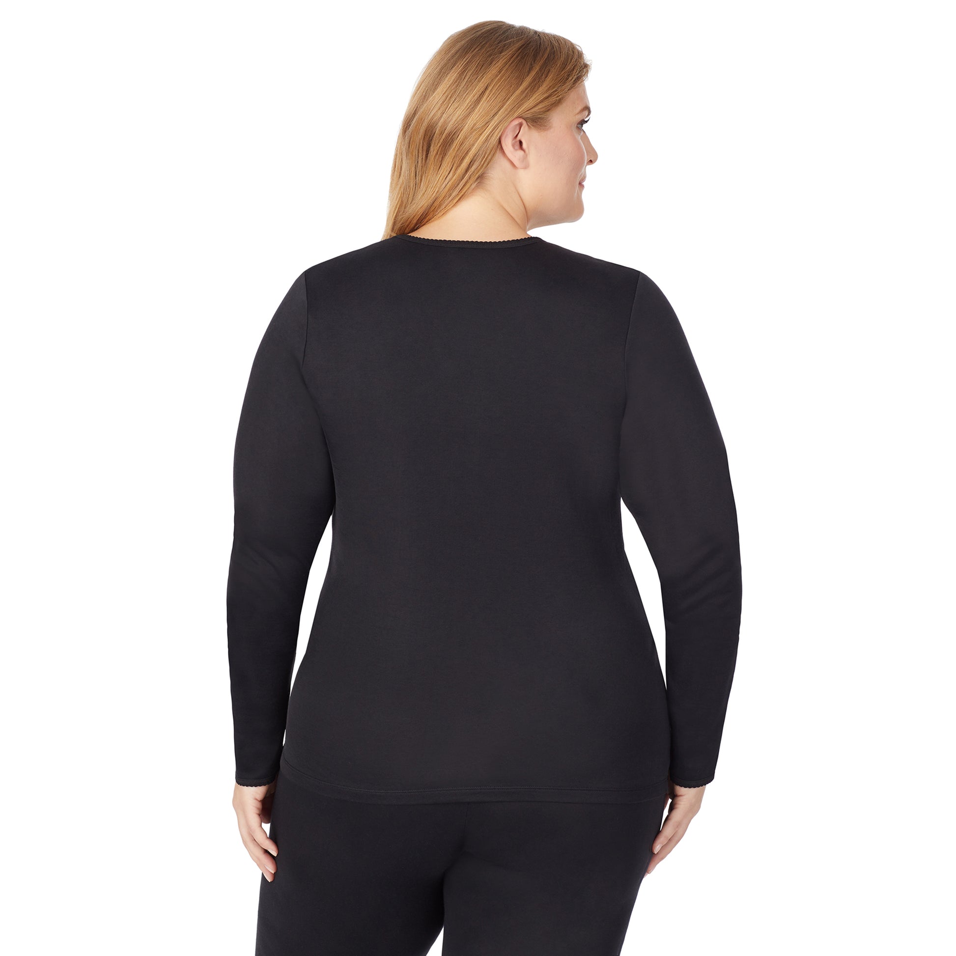 A lady wearing a black long sleeve lace edge V-neck plus.