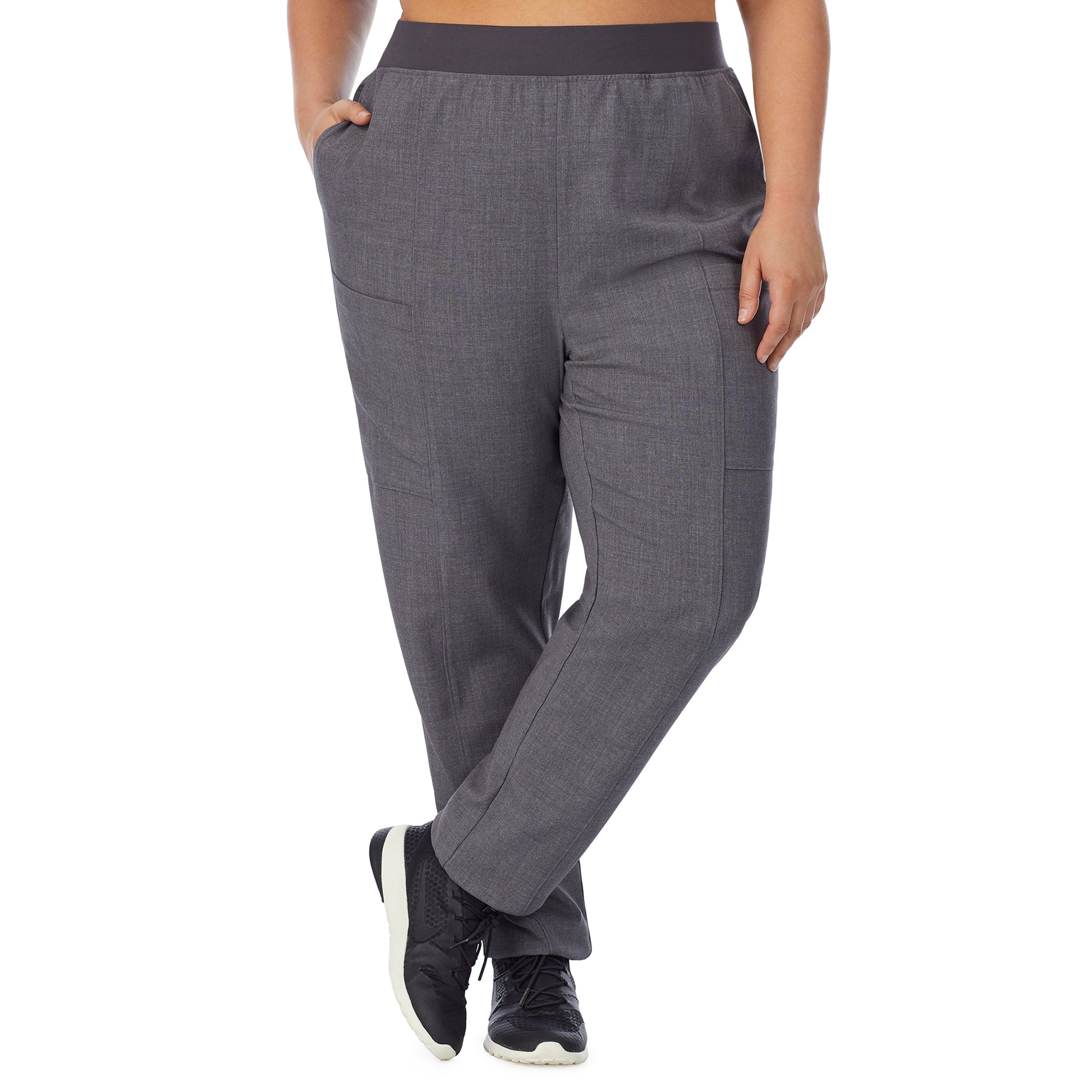 Charcoal Heather;Model is wearing size 1X. She is 5’7”, Bust 42.5”, Waist 34.5”, Hips 46”.@ A lady wearing charcoal heather scrub slim cargo pant plus.