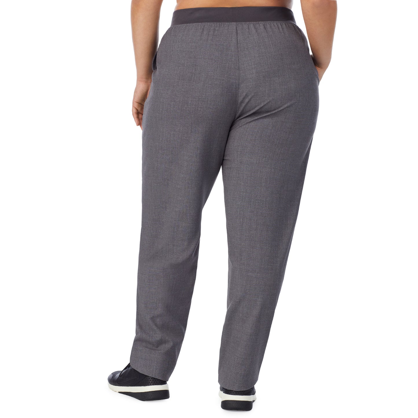 Charcoal Heather; Model is wearing size 1X. She is 5’7”, Bust 42.5”, Waist 34.5”, Hips 46”.@A lady wearing charcoal heather scrub slim cargo pant plus.