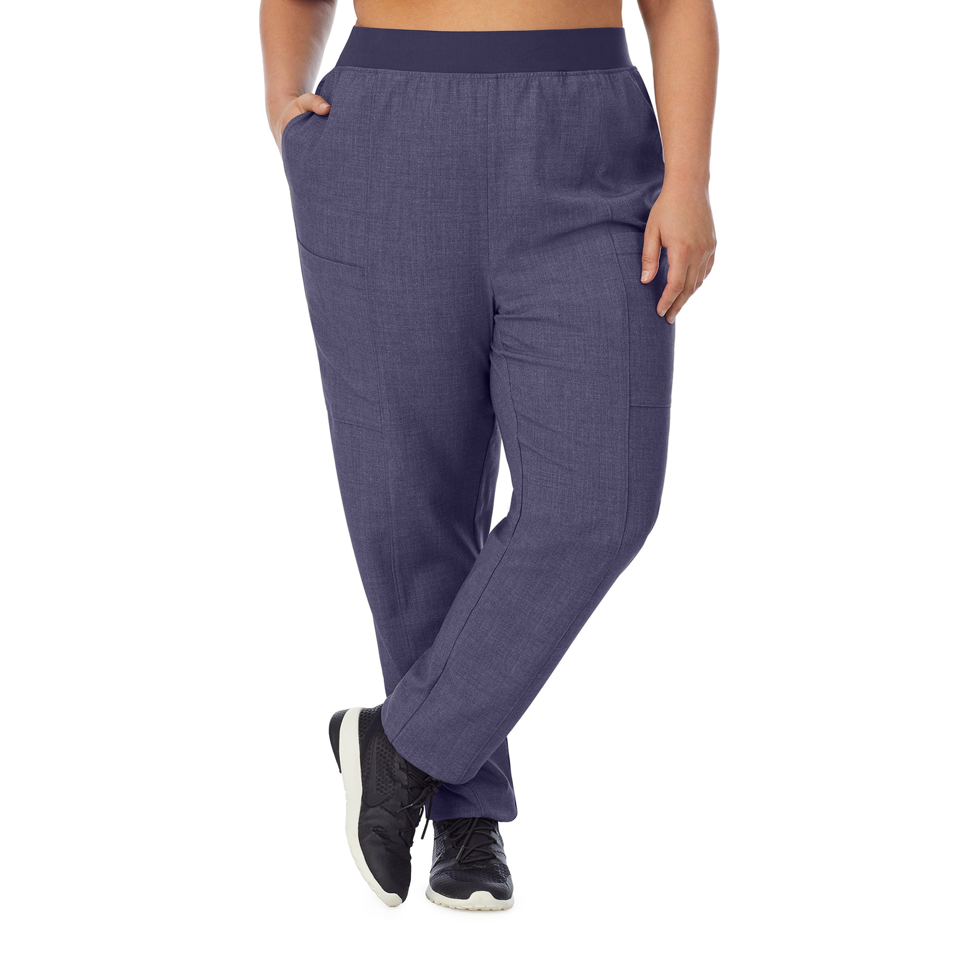 Navy Heather;Model is wearing size 1X. She is 5’7”, Bust 42.5”, Waist 34.5”, Hips 46”.@ A lady wearing navy heather scrub slim cargo pant plus.