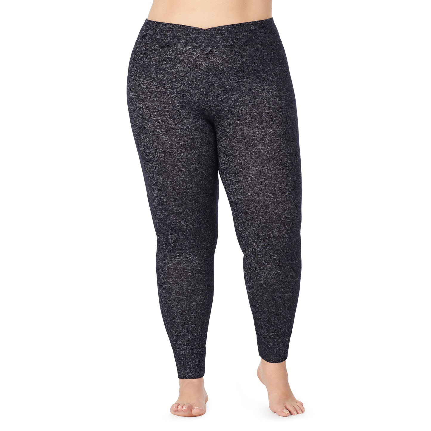 Marled Dark Charcoal; Model is wearing size 1X. She is 5'9", Bust 38", Waist 36", Hips 48.5". @A lady wearing a marled dark charcoal legging plus.