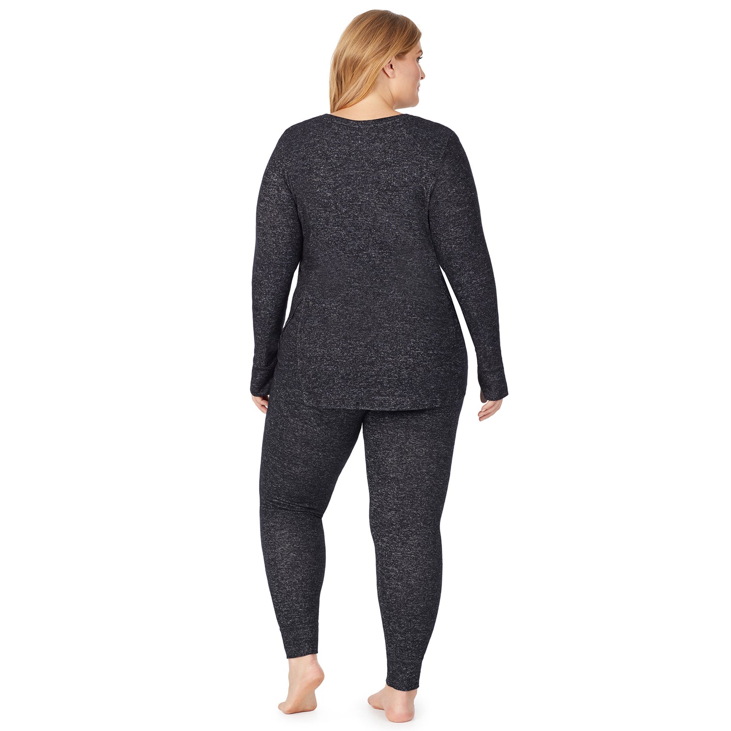 Marled Dark Charcoal; Model is wearing size 1X. She is 5'9", Bust 38", Waist 36", Hips 48.5". @A lady wearing a marled dark charcoal legging plus.
