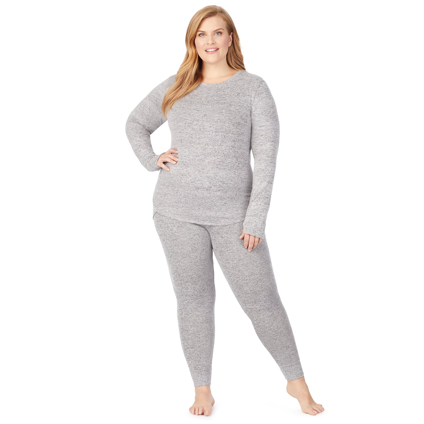 Marled Grey; Model is wearing size 1X. She is 5'9", Bust 38", Waist 36", Hips 48.5". @A lady wearing a marled grey legging plus.