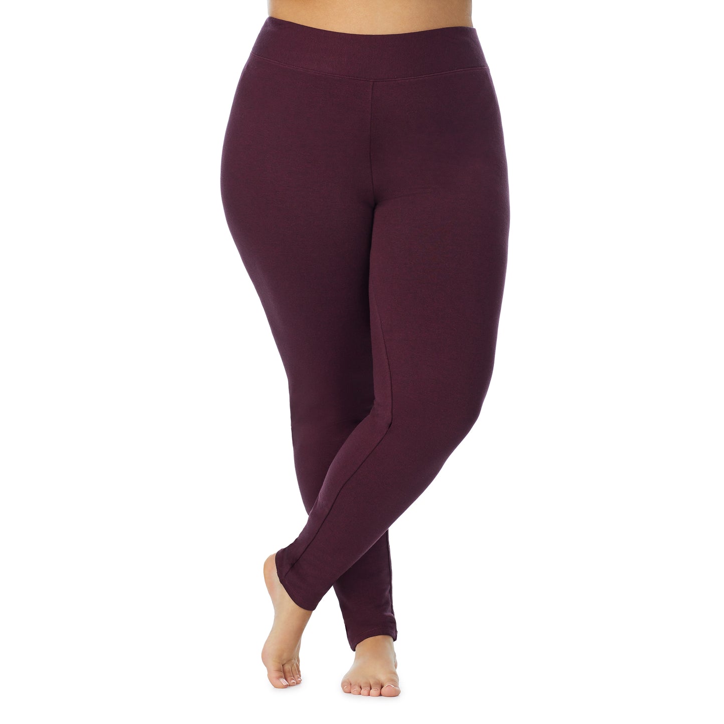 Grape Heather; Model is wearing size 1X. She is 5'9", Bust 38", Waist 36", Hips 48.5". @A lady wearing a grape heather legging plus.