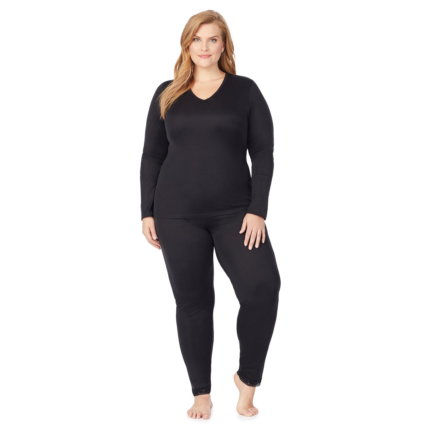 Black; Model is wearing size 1X. She is 5'9", Bust 38", Waist 36", Hips 48.5". @A lady wearing a black lace edge legging plus.