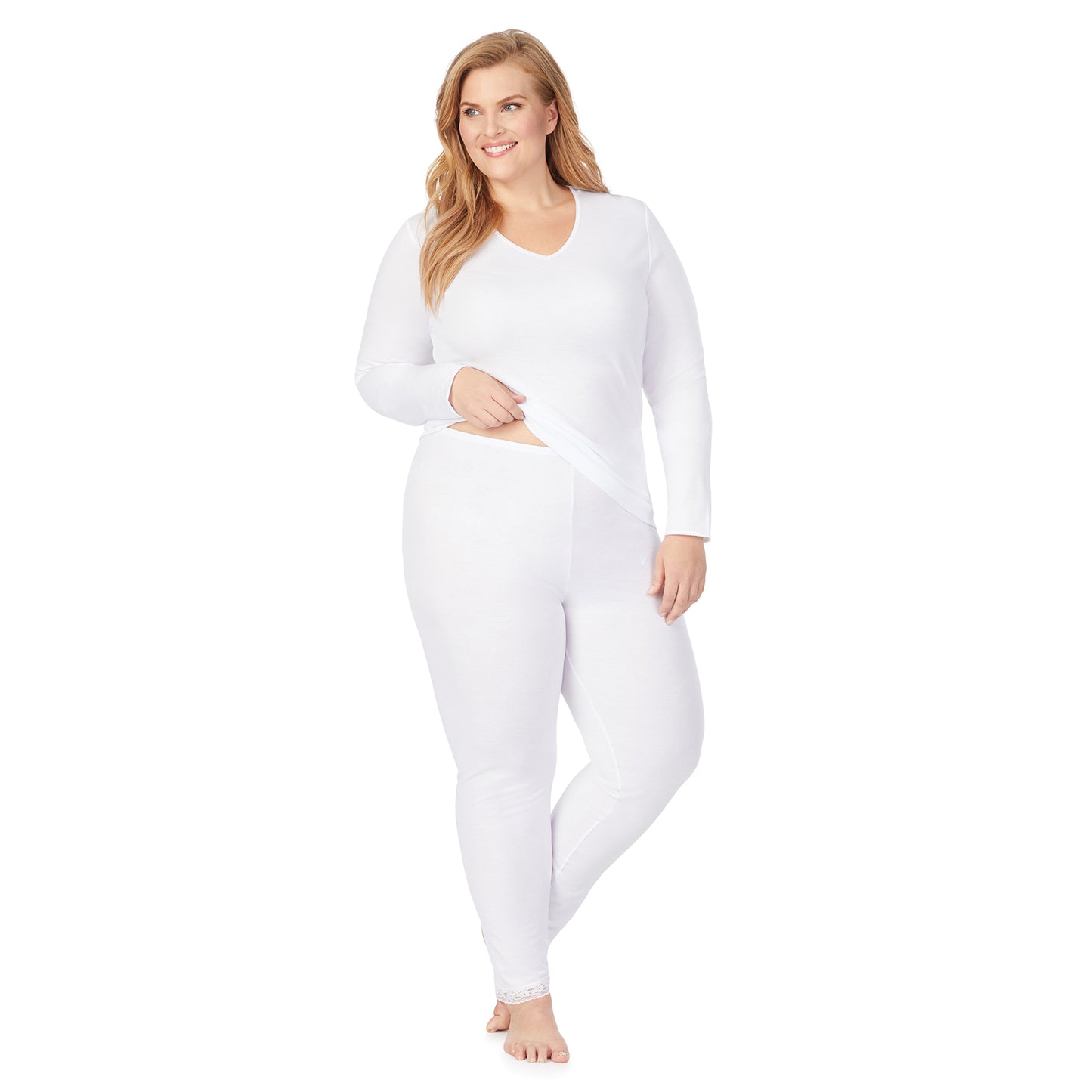 White; Model is wearing size 1X. She is 5'9", Bust 38", Waist 36", Hips 48.5". @A lady wearing a white lace edge legging plus.