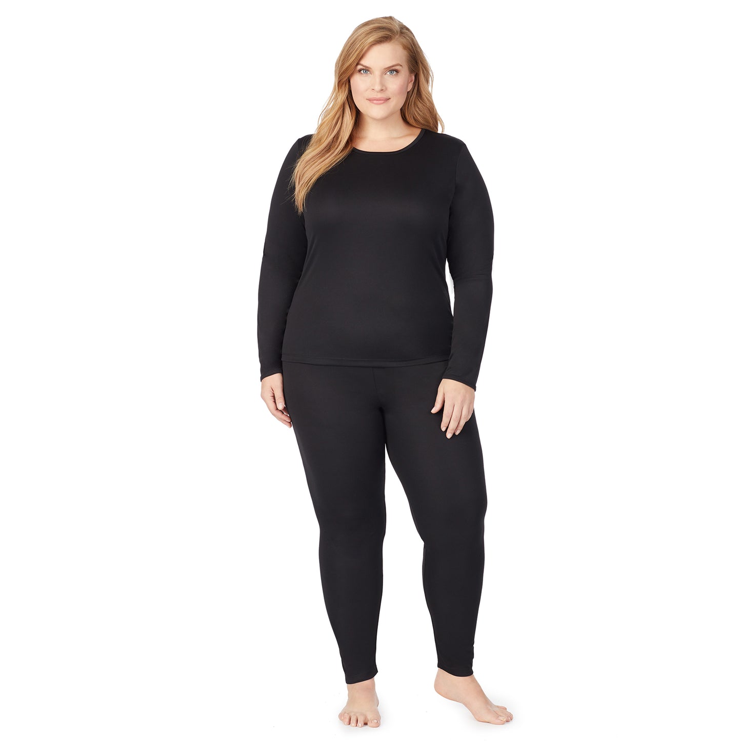 Black; Model is wearing size 1X. She is 5'9", Bust 38", Waist 36", Hips 48.5".@A model wearing black legging