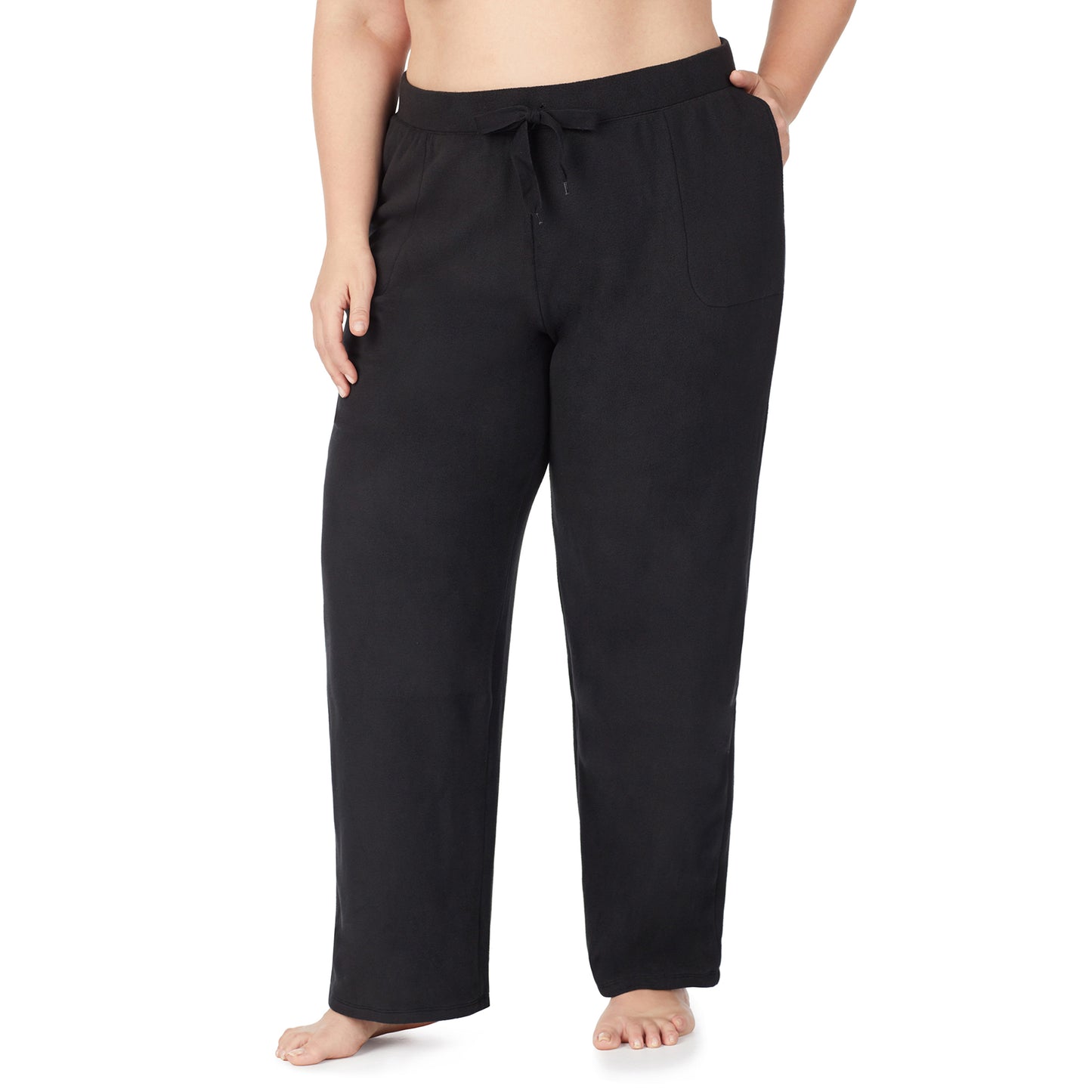 Black; Model is wearing size 1X. She is 5'9", Bust 38", Waist 36", Hips 48.5".@lower body of a lady wearing black lounge pant