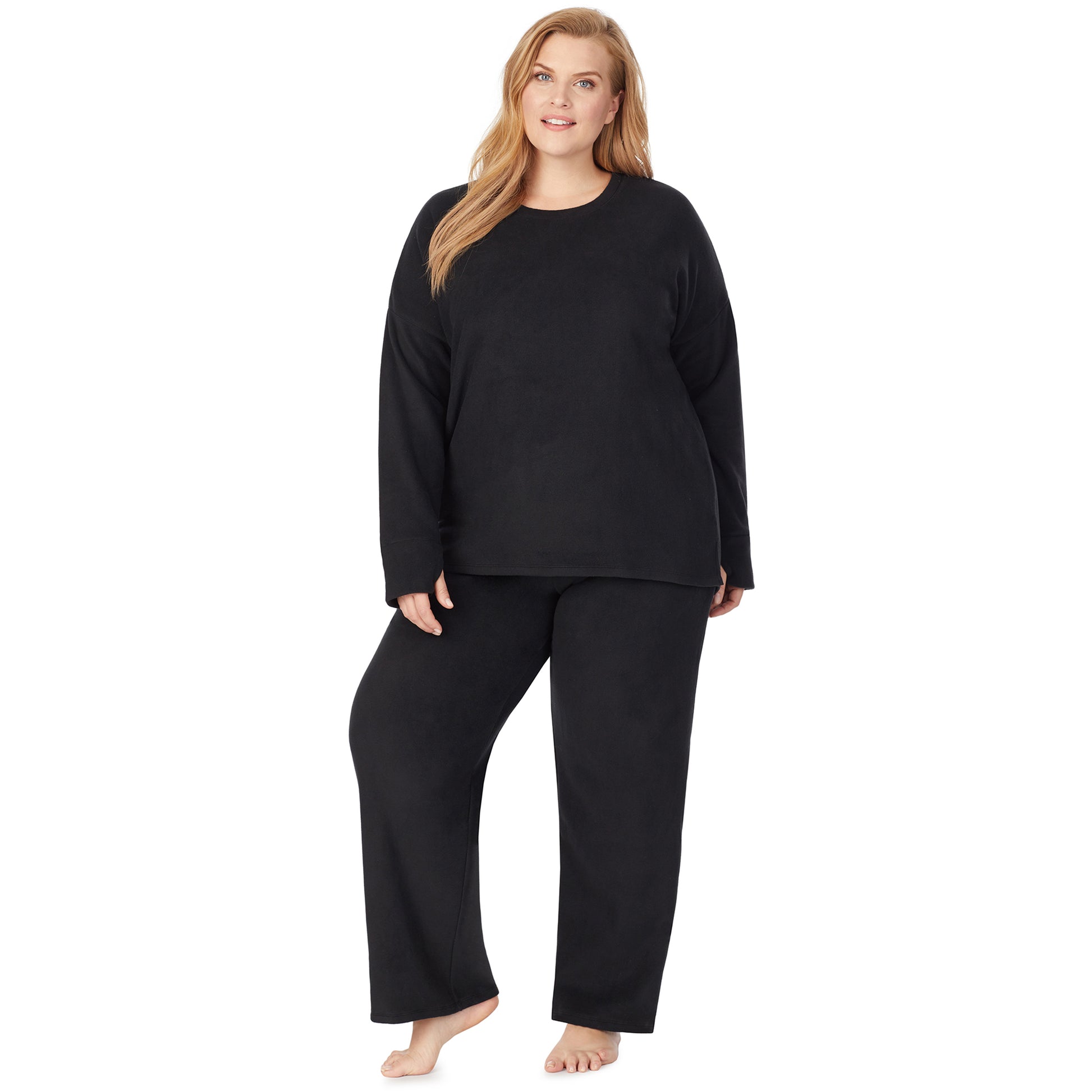 Black; Model is wearing size 1X. She is 5'9", Bust 38", Waist 36", Hips 48.5".@a lady wearing black lounge pant