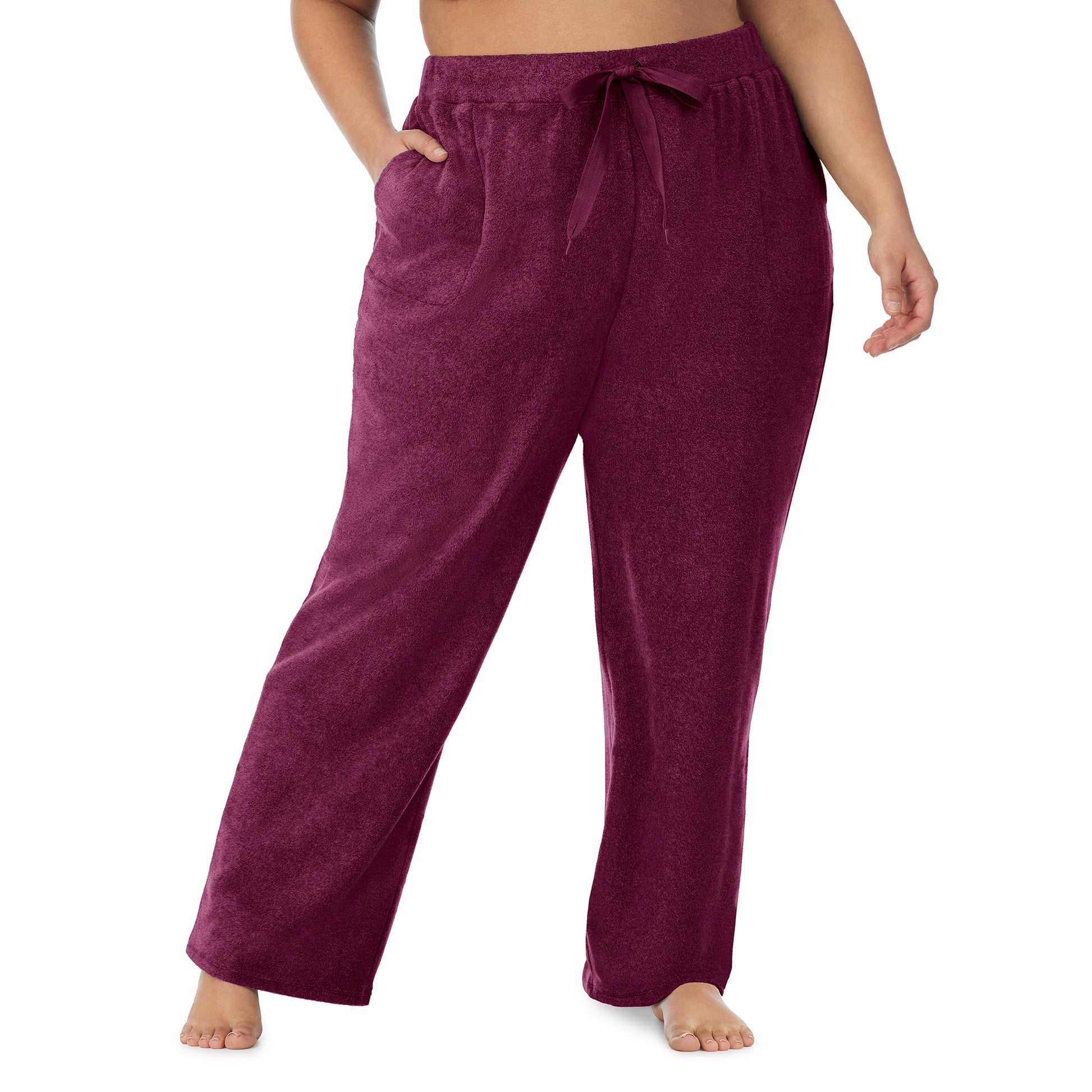  Grape; Model is wearing size 1X. She is 5'9", Bust 38", Waist 36", Hips 48.5".@lower body of a lady wearing grapelounge pant