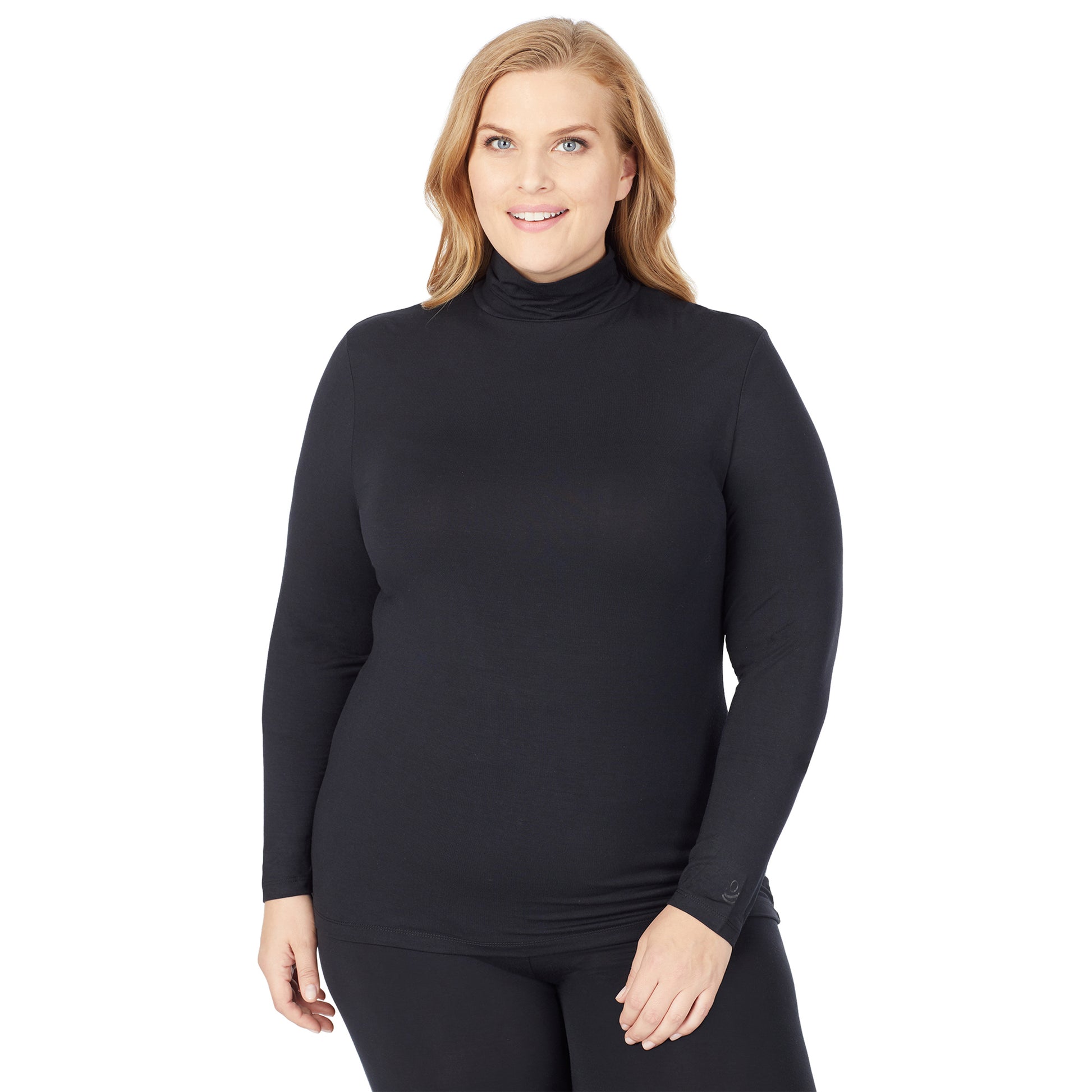 A lady wearing a black long sleeve stretch turtleneck t-shirt plus.