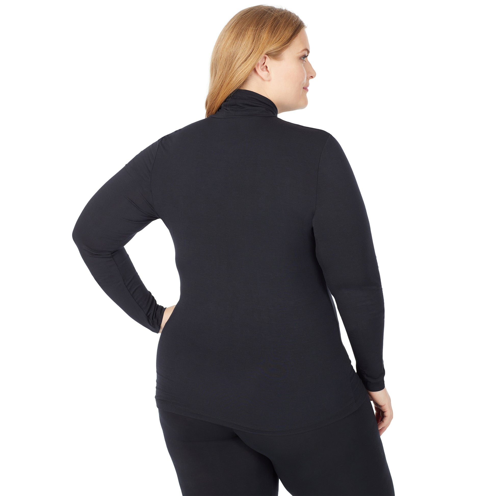 Black; Model is wearing size 1X. She is 5'9", Bust 38", Waist 36", Hips 48.5". @A lady wearing a black long sleeve stretch turtleneck t-shirt plus.