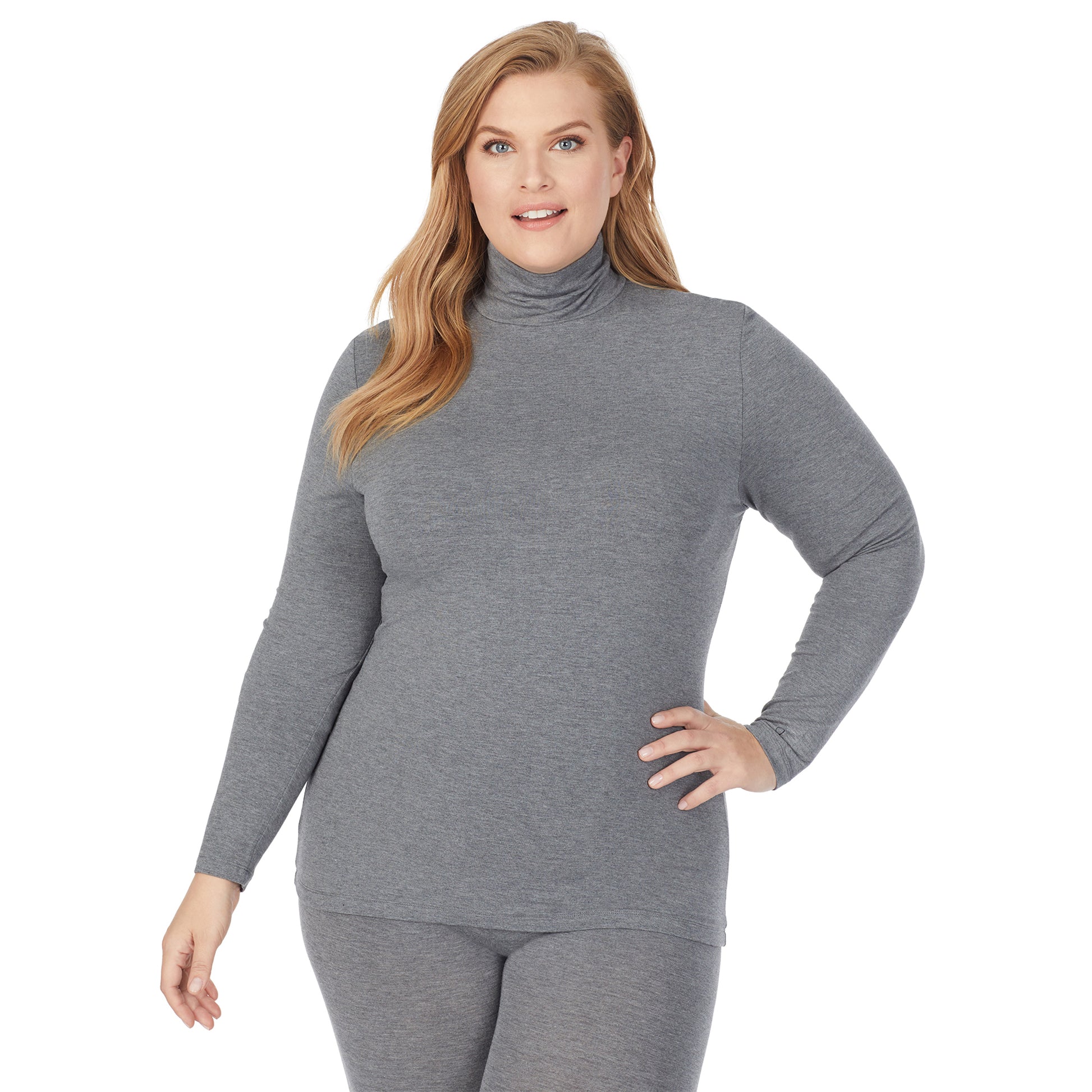 Charcoal Heather; Model is wearing size 1X. She is 5'9", Bust 38", Waist 36", Hips 48.5". @A lady wearing a charcoal heather long sleeve stretch turtleneck t-shirt plus.