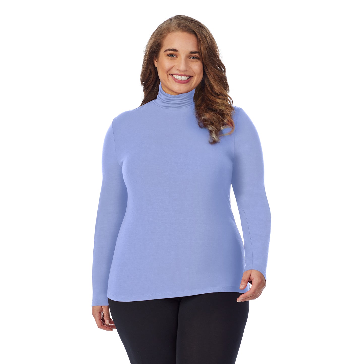 Peri Blue; Model is wearing size 1X. She is 5'7", Bust 42.5", Waist 34.5", Hips 46". @A lady wearing a peri blue long sleeve stretch turtleneck t-shirt plus.