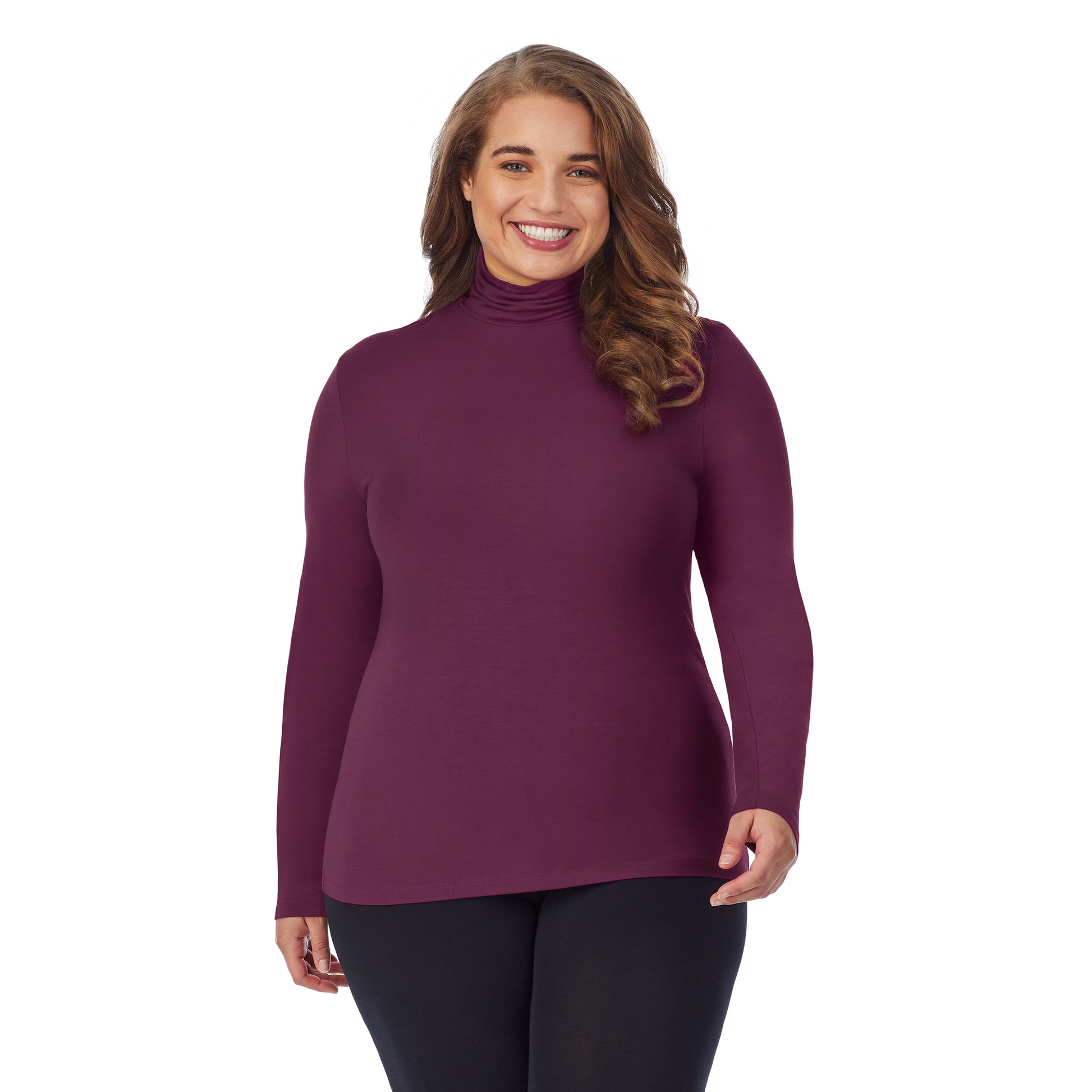 Grape; Model is wearing size 1X. She is 5'7", Bust 42.5", Waist 34.5", Hips 46". @A lady wearing a grape long sleeve stretch turtleneck t-shirt plus